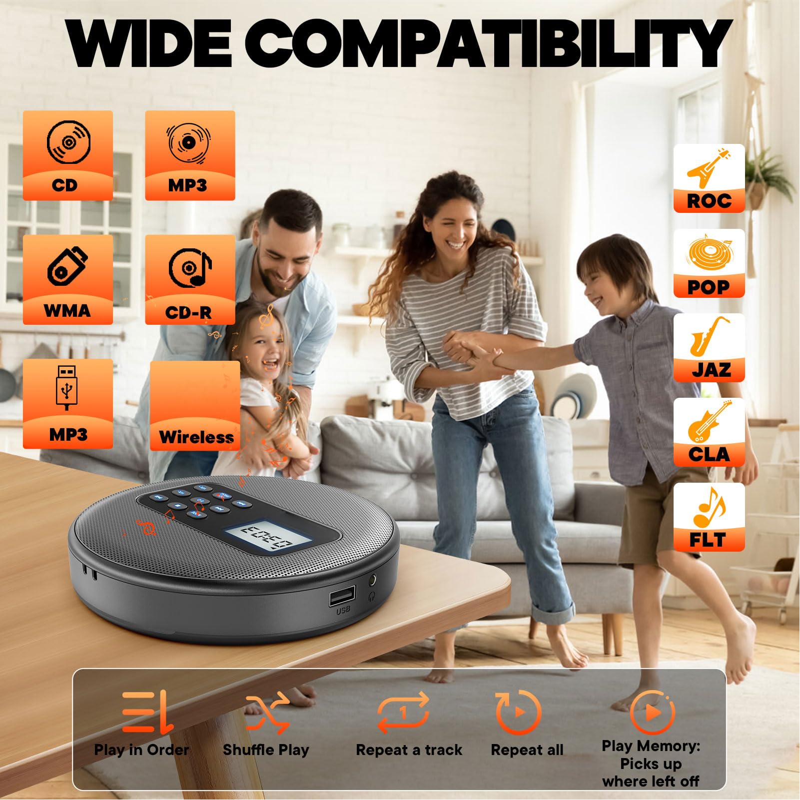Lettore CD Portatile, Lettore di Dischi Musicali Stereo Ricaricabile con Ampio Display LCD, Protezione Anti-salto, Doppi Altoparlanti, Cavo da 3,5 Mm, Bluetooth, per Auto, USB,