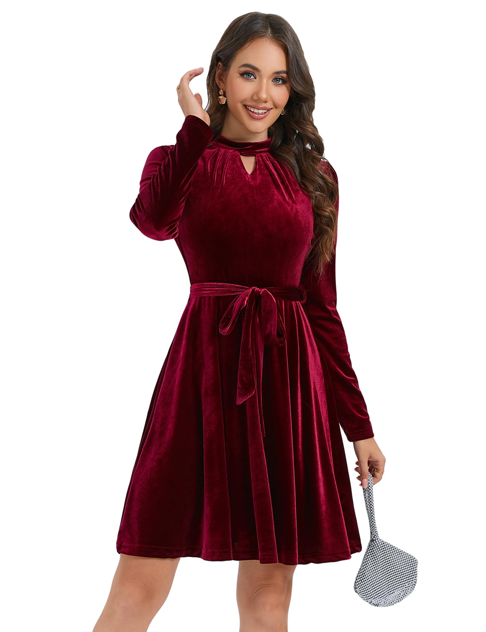 KOJOOIN Samtkleid Damen Kurz Elegant Satin Cocktailkleid Langarm Rockabilly A-Linien Festlich Kleid mit Gürtel（Verpackung MEHRWEG）