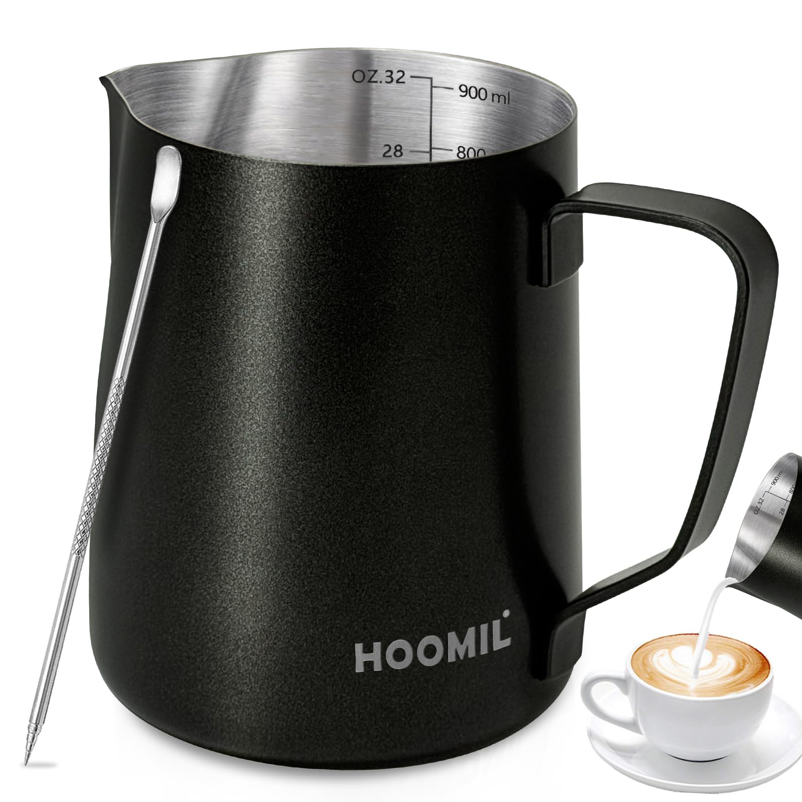 HOOMIL Milk Frothing Pitcher, 32oz, 304 Stainless Steel - Matte Black