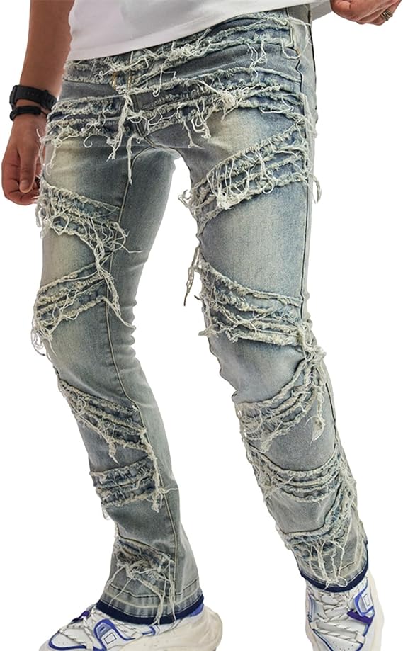 パンツ NO ID. emo skinny biker denim pants y2k Y2k Stacked Jeans Men Hip Hop Pants Vintage Ripped Denim