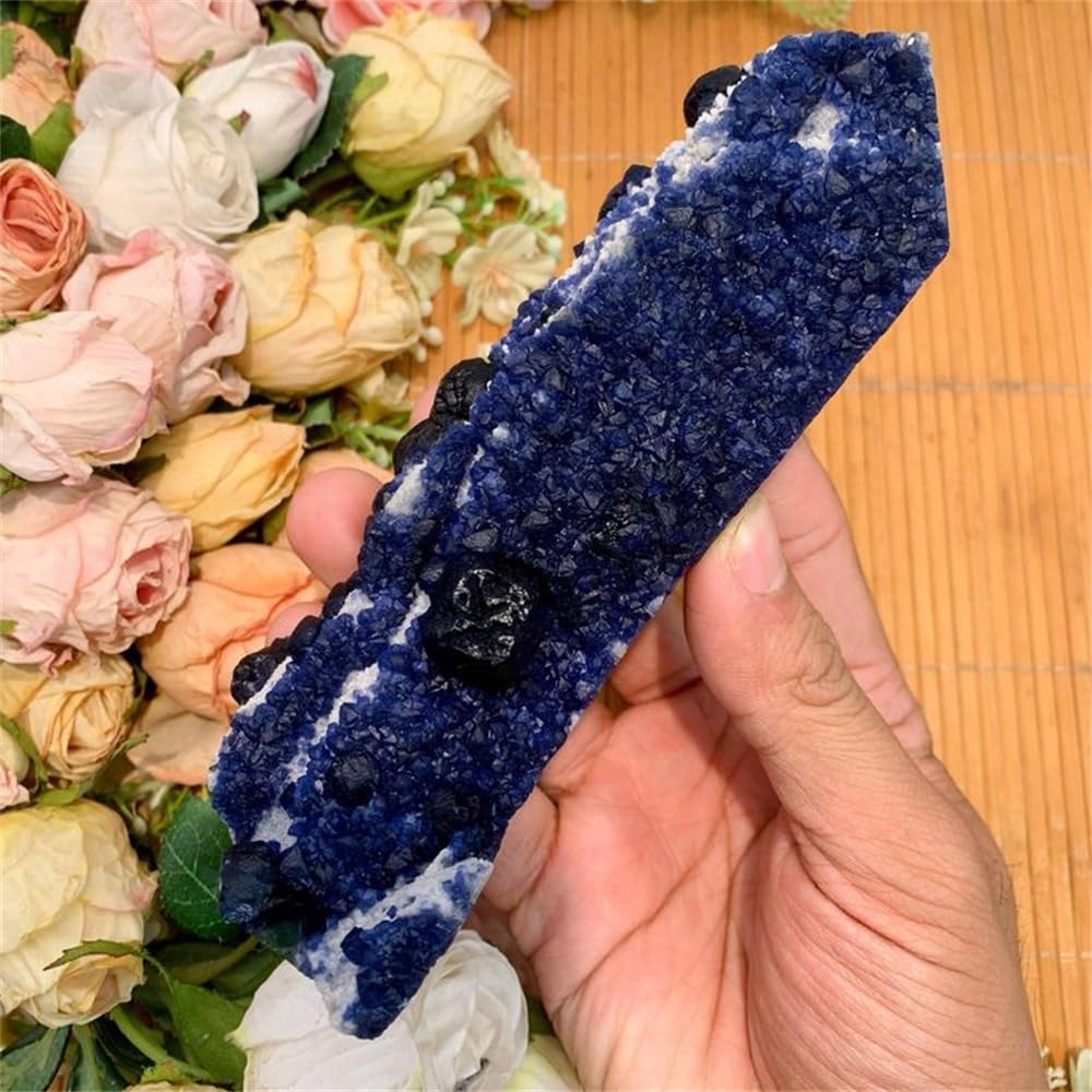 1 Stück 100–200 g, extrem seltener Blaubeer-Fluorit-Kristall-Cluster-Turm – groß mit weißem Quarzturm, tiefblau-violette Farbe Gemstone Stone
