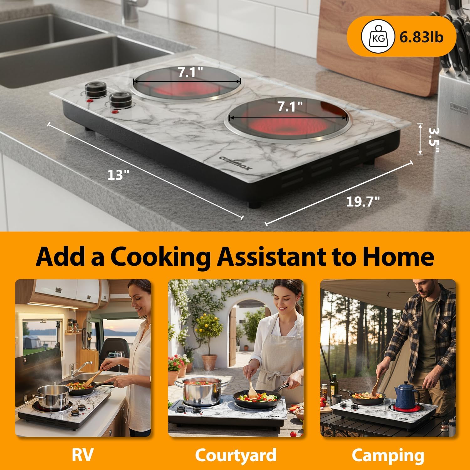CUSIMAX Hot Plate, 1800W Double Burner Hot Plate for Cooking, White Marble image 5