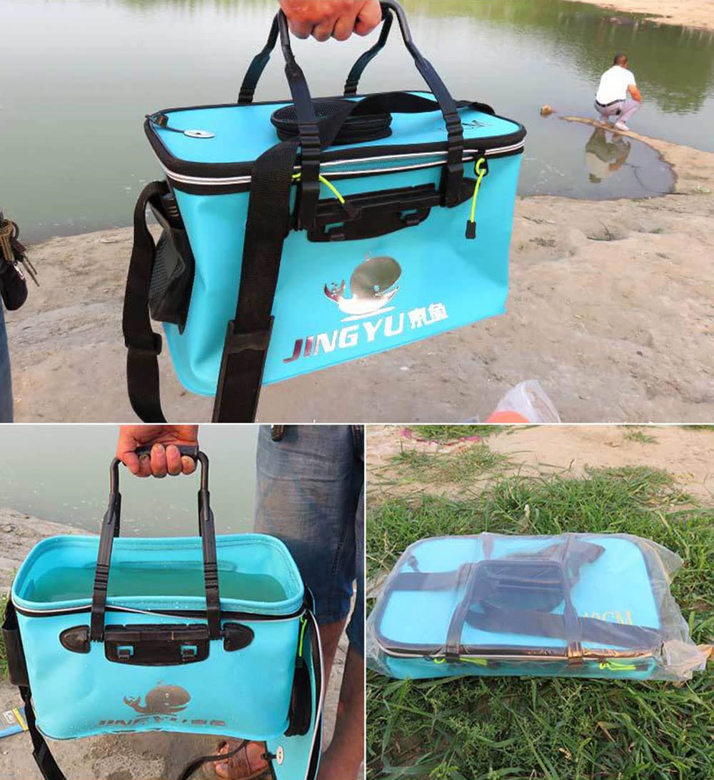 Seau de Pêche EVA Pliable Portable Imperméable avec Poignée de Transport Poches Latérales pour Poissons Vivants (50CM, Vert)