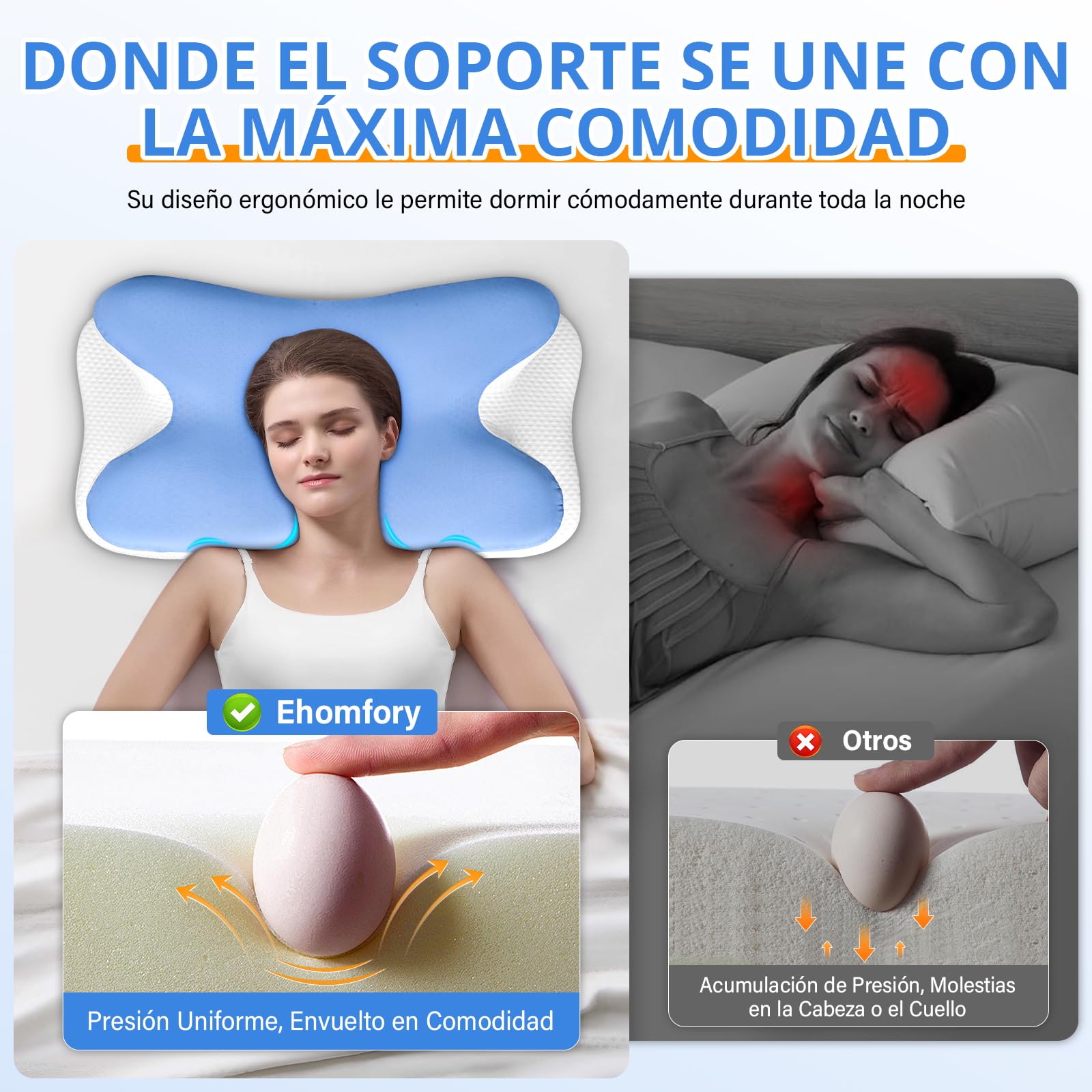 Ehomfory Almohada Cervicales y Cuello, Almohada Cervical Almohada Antironquidos, Almohada Ergonómica para Dormir de Lado, Boca Arriba y Boca Abajo, 67x37x9/12 CM