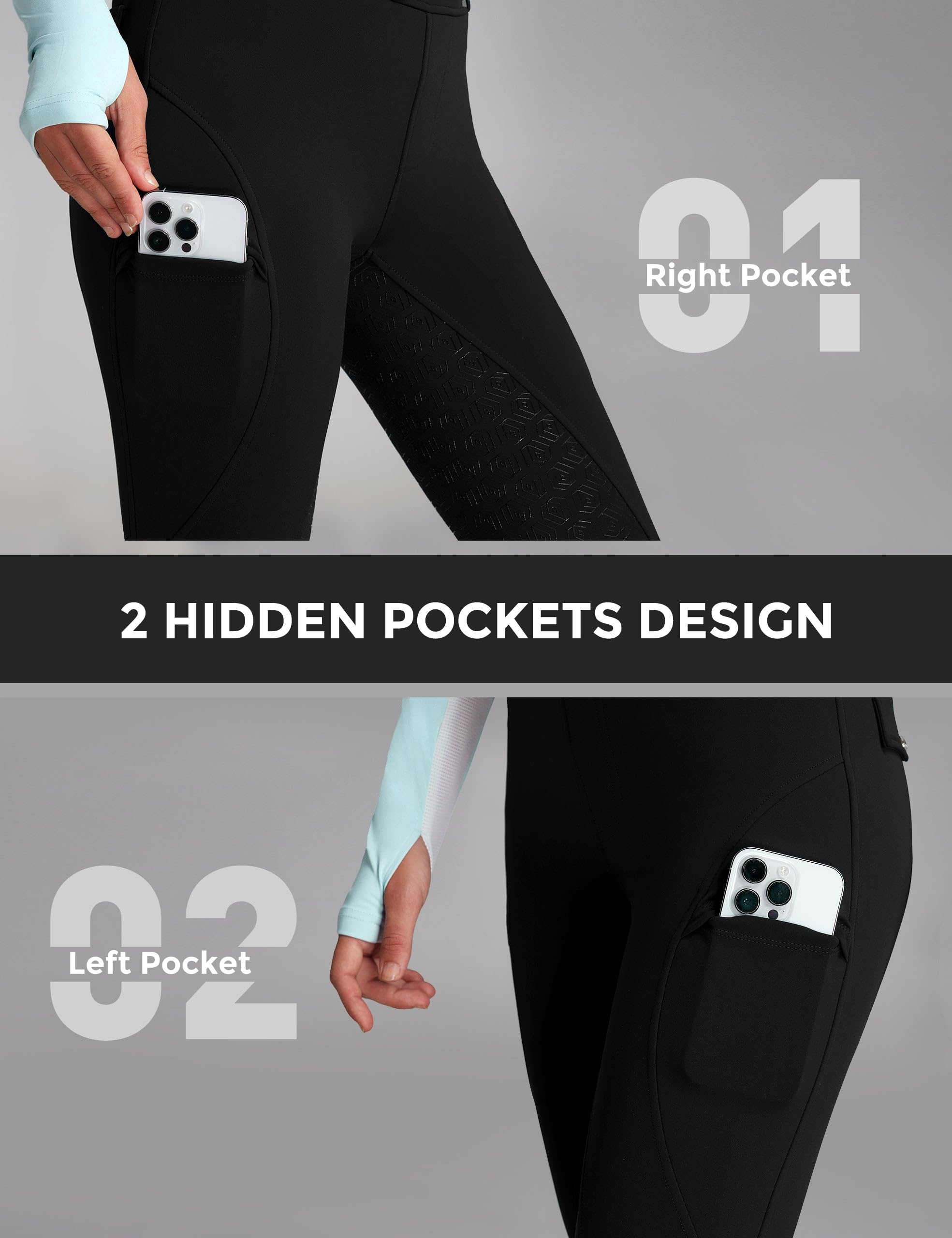 FitsT4 Sports Leggings de equitación de invierno para mujer, de silicona, con forro polar, con bolsillos y trabillas para cinturón