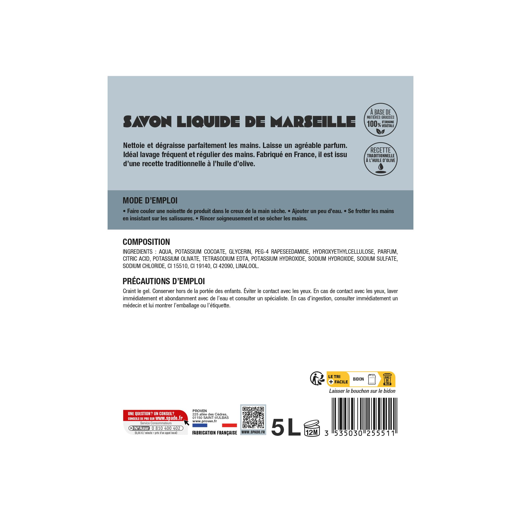 SPADO Origines – Jabón de Marsella líquido – 100% vegetal – Limpia y desengrasa – Suaviza las manos – Con aceite de oliva – 5 L – Fabricación francesa