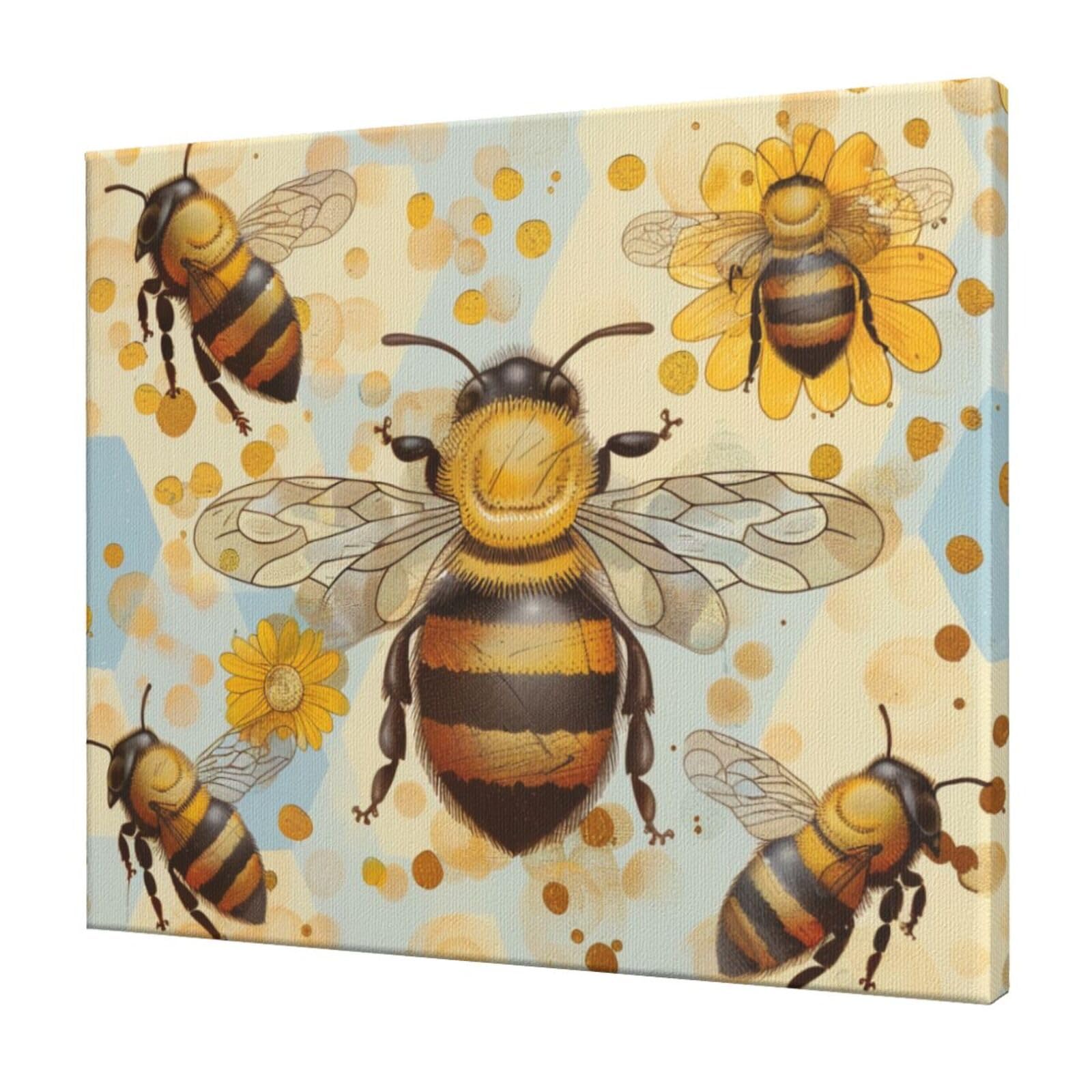 YKLJG Honey Bee Printed Wall Art Canvas Prints 60x50 CM Wooden Framed Picture Painting Artwork for Bedroom Kitchen Home Office Decor