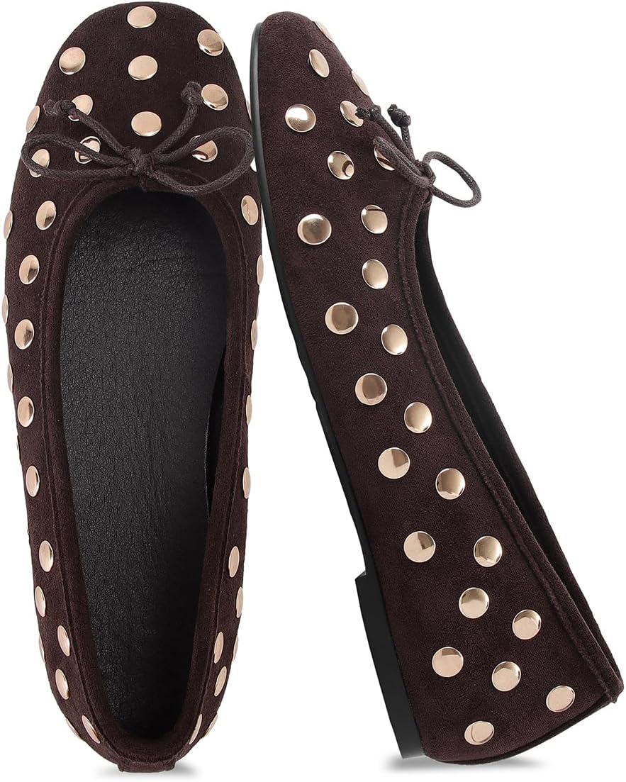 SOVANYOU Women's Studded Mary Jane Ballet Flats Closed Round Toe Flat with Bow Slip on Ballerina Flats Comfortable Walking Ballet Shoes Work Shoes