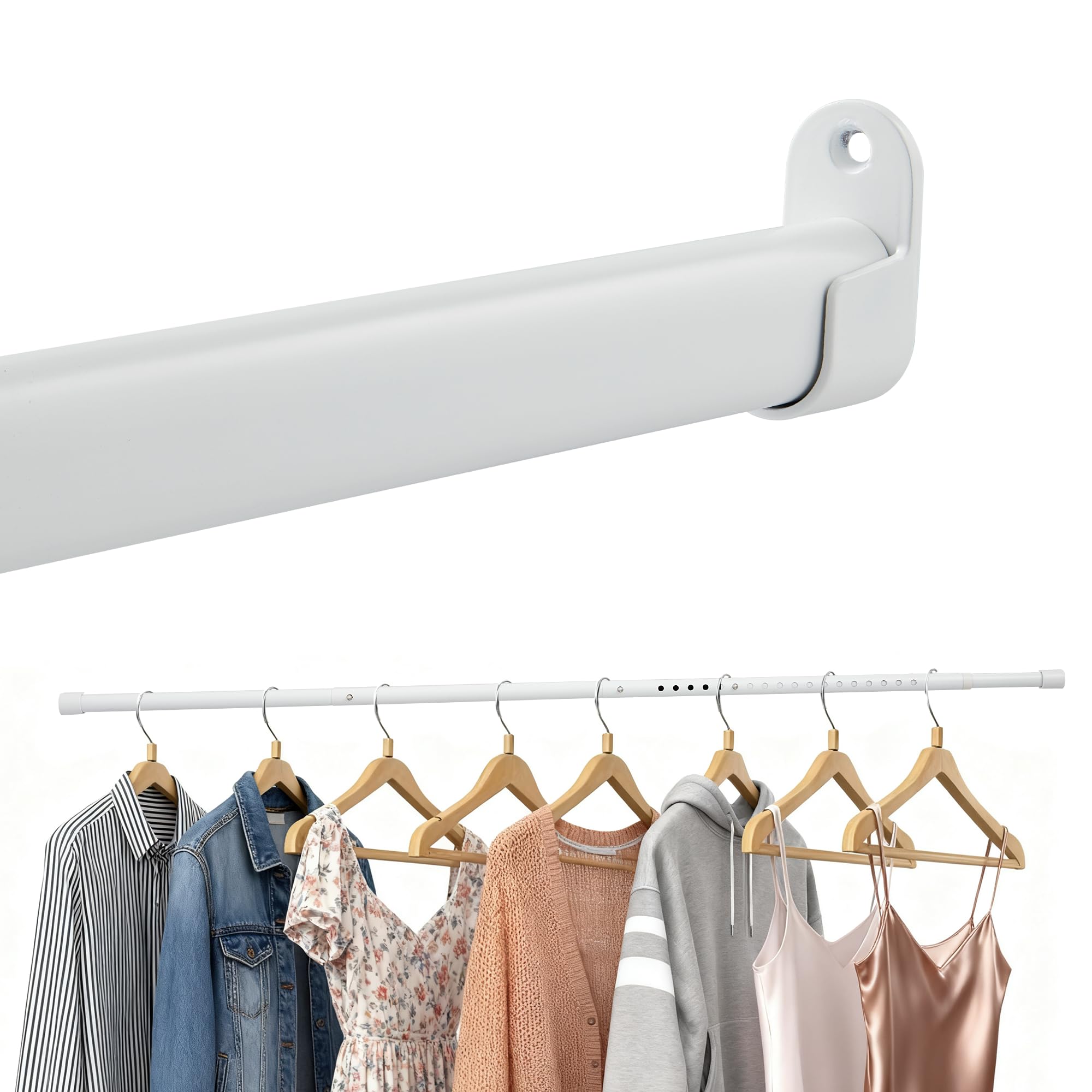 White Wardrobe Rail Extendable, 25 mm Adjustable Wardrobe Rail, Oval Hanging Rail with 2 Brackets,Wardrobe Pole 43-161 cm