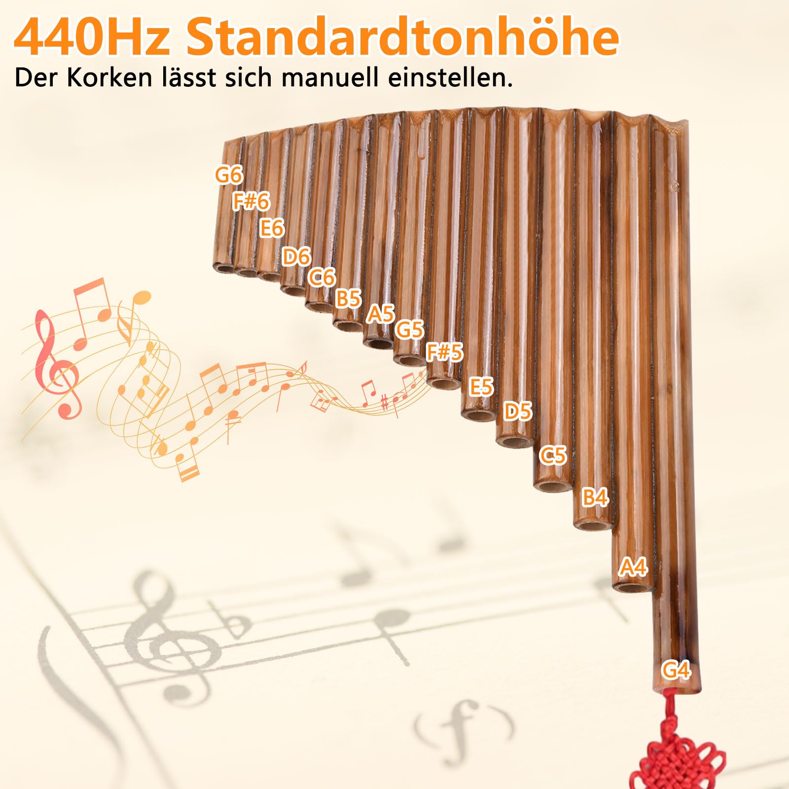 Panflöte 15 Pfeifen, Instrument Aus Bambus, G-Ton, Rechte Hand | mit Umhängeband, Reinigungstuch, Reinigungsstift und Aufbewahrungsbeutel, für Anfänger, Musikinstrumente