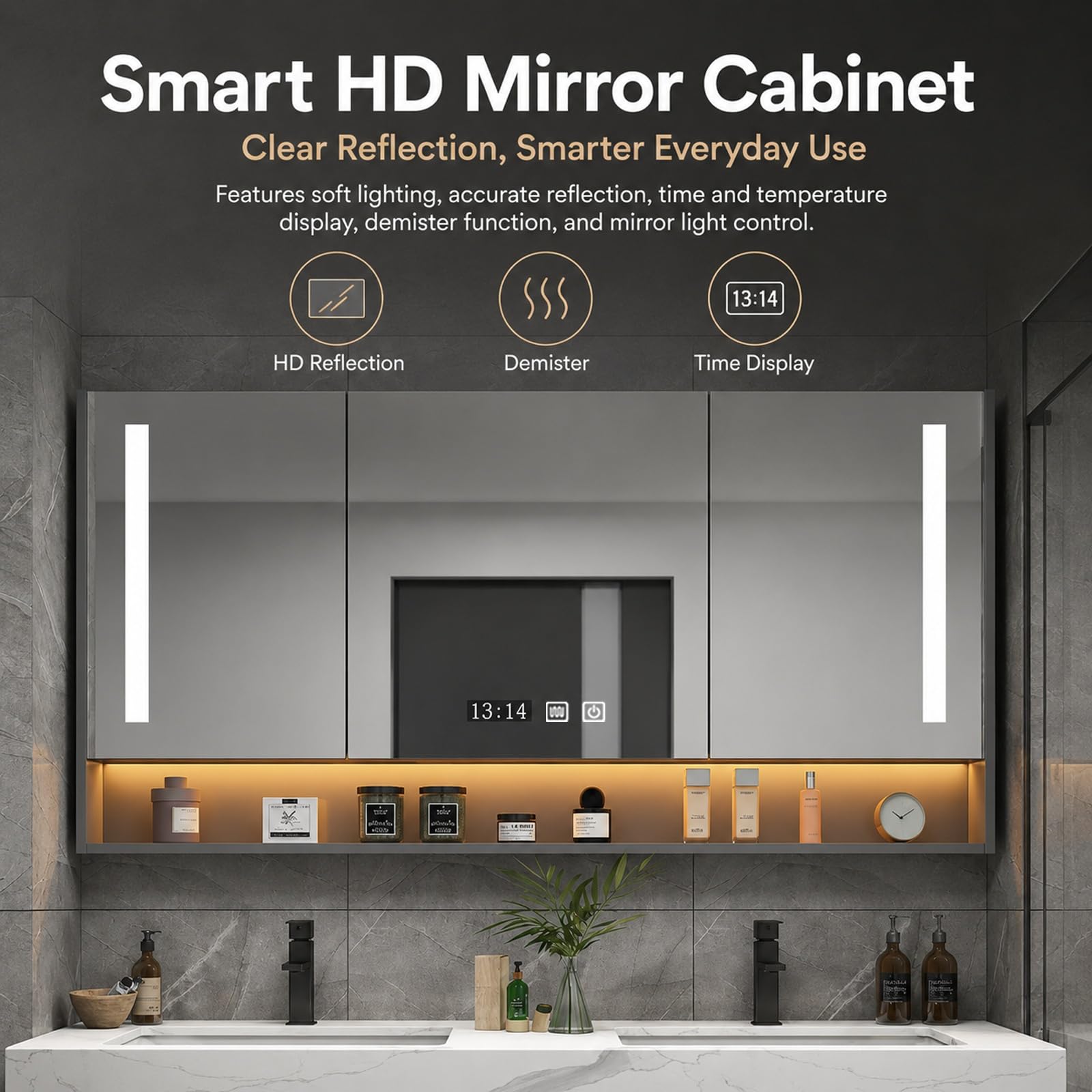 Mobile Bagno con Lavabo, Mobile Lavabo Bagno con Specchio Contenitore Smart HD, Piano in Pietra Sinterizzata, Ampio Spazio