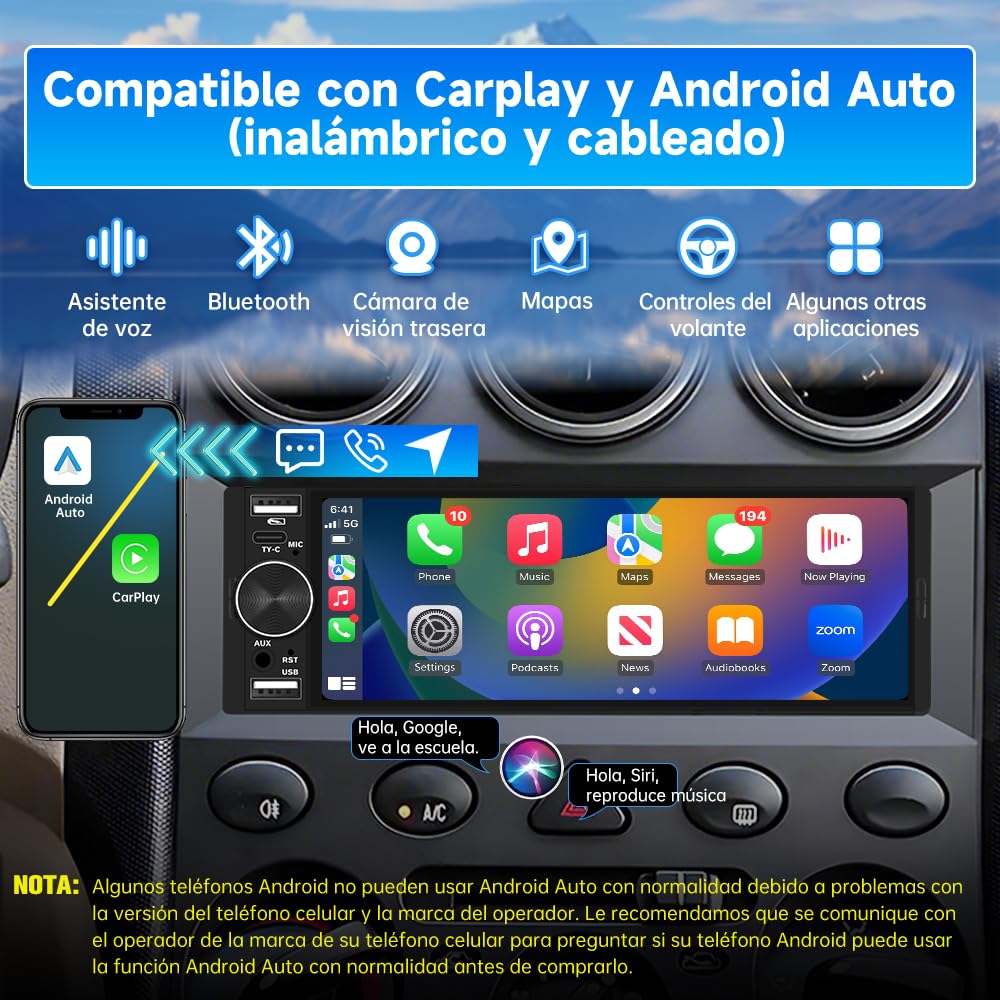 AWESAFE 1 DIN Radio Coche Universal con Pantalla Táctil 6.28 Pulgadas, con CarPlay/AndroidAuto, Admite Carga Type-C/2USB/Micrófono/FM/EQ/GPS/Bluetooth/SWC