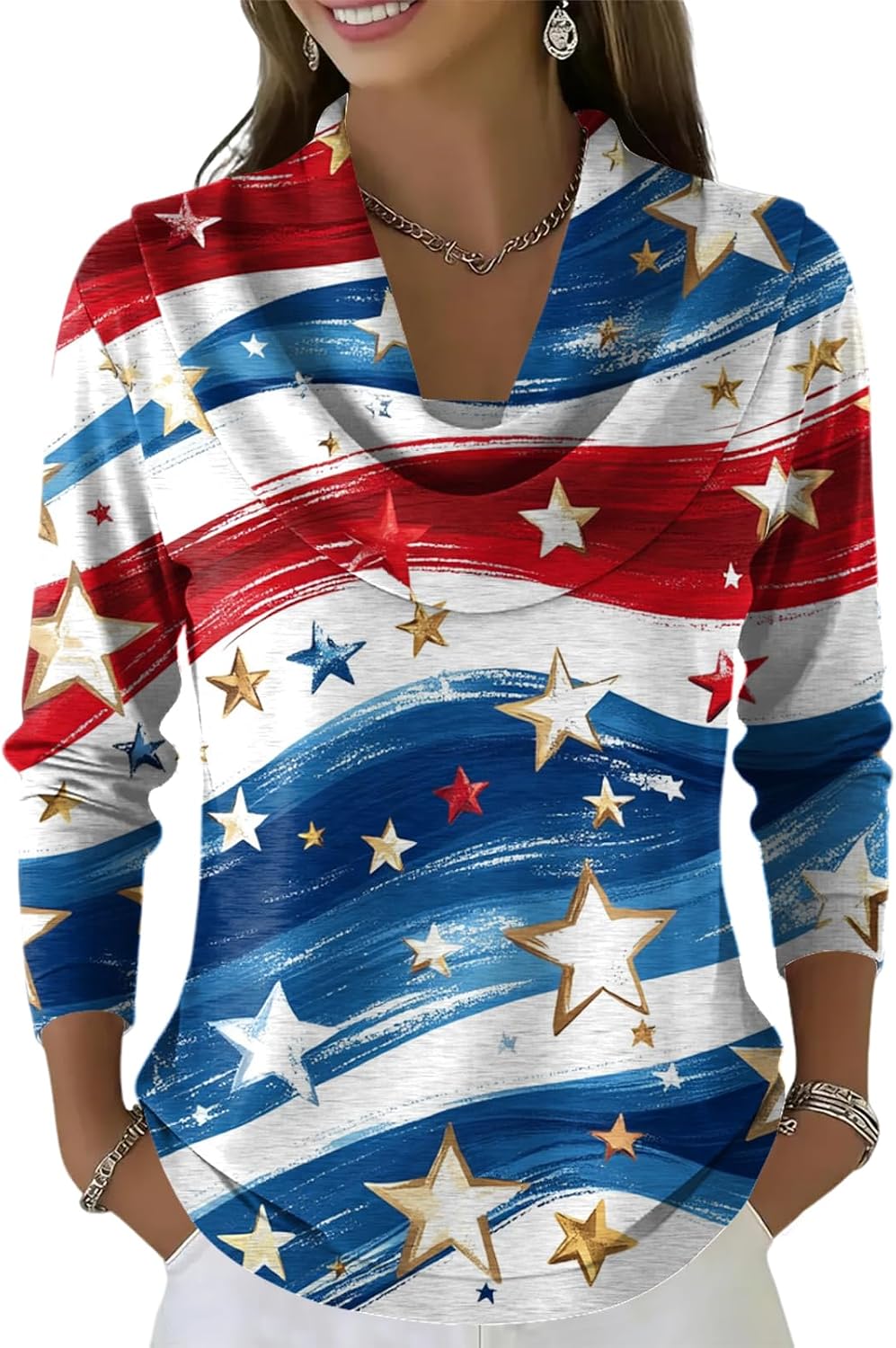 Women's American Flag Shirts, 4Th of July Shirt, Long Sleeve Asymmetrical Neck Patriotic Tops, S-2XL