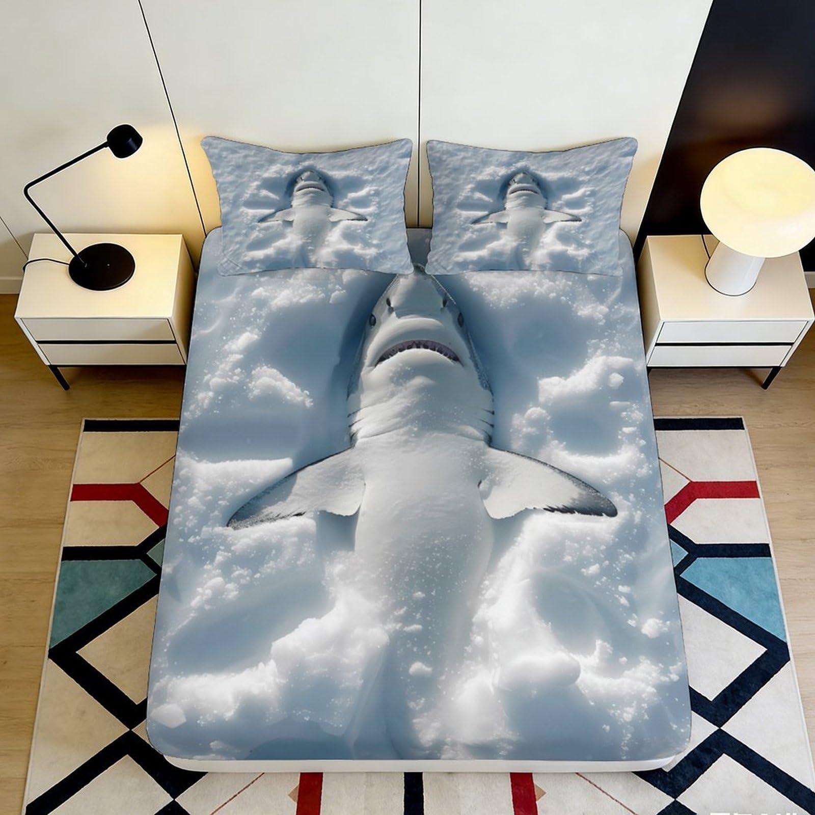 3D Printed Shark Ocean Fitted Sheet Microfiber Soft Anti-Slip Mattress Cover for Bedroom Guest Room Dorm Bed Protection Decor 120x200x25cm