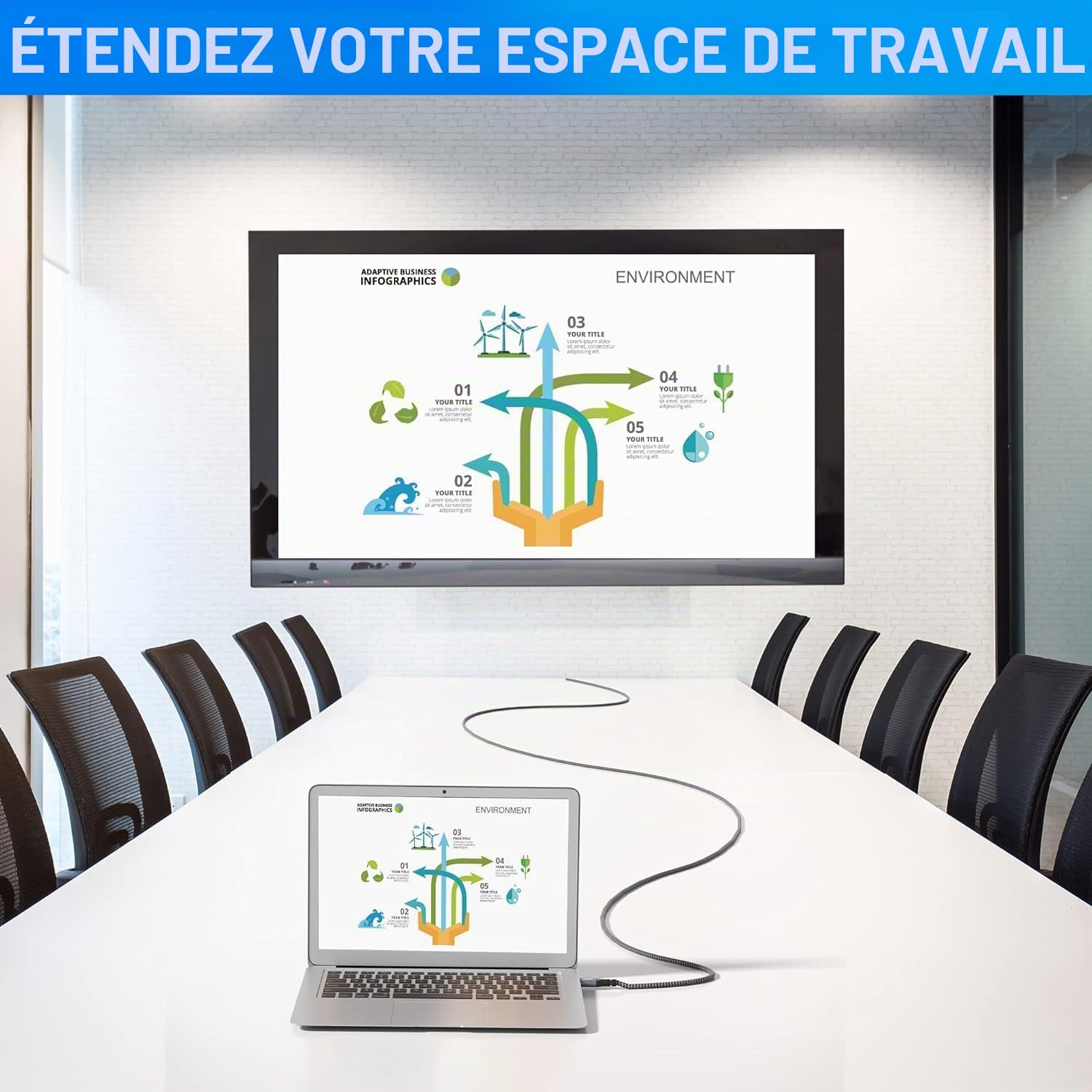 Câble DisplayPort vers HDMI de 10 m (4K UHD), fils de cuivre pur, 26 AWG, 4K/60 Hz, DP vers HDMI - Câble de connexion unidirectionnel pour moniteur, TV, projecteur, ordinateur portable, PC,