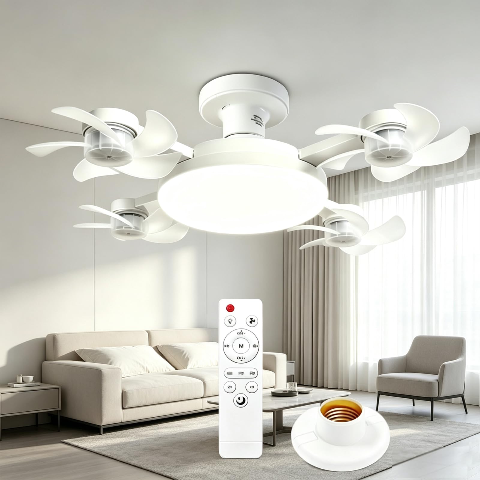 ANBTUKJ Ceiling Fan Light with Remote 3-Head Fan Lamp, 50W 45cm E27 Socket 3 Speeds Dimmable Quiet Timer, for Bedroom Living Room