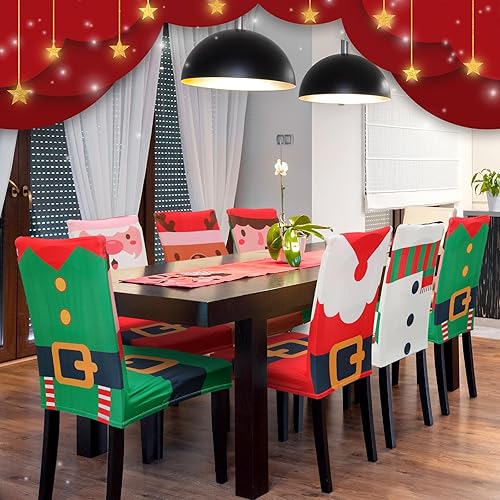 Miniatura 5 de Preboun Juego de 8 fundas para sillas navideñas con estampado navideño, lavables, con Papá Noel, elfo, muñeco de nieve, reno, para comedor, cocina,