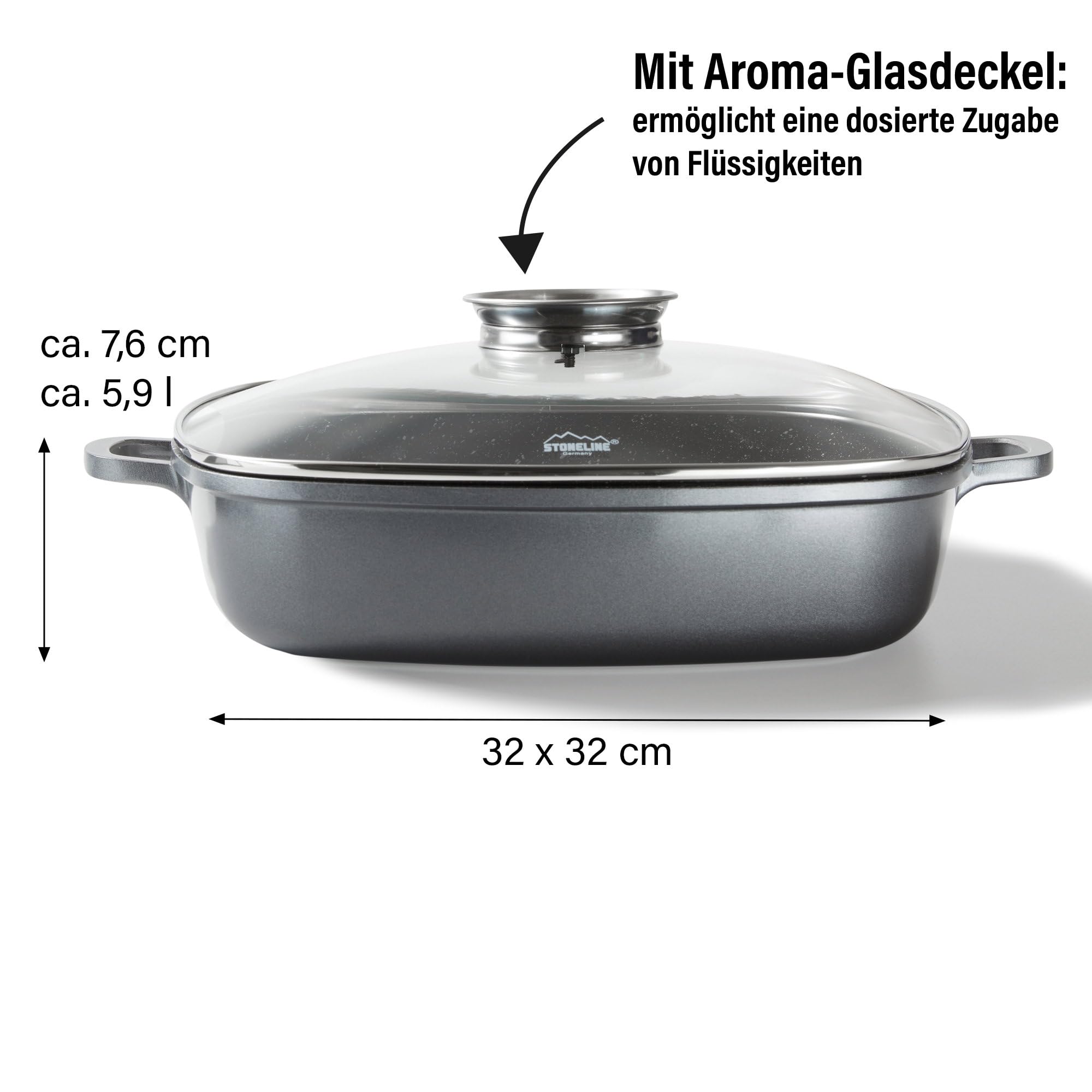 STONELINE Servierpfanne Eckig 32 cm, Eckige Pfanne Induktion mit Deckel, Aroma Funktion, Aluguss, Antihaft Pfanne Beschichtet mit echten Steinpartikeln, Für alle Herdarten, Backofen, Grau