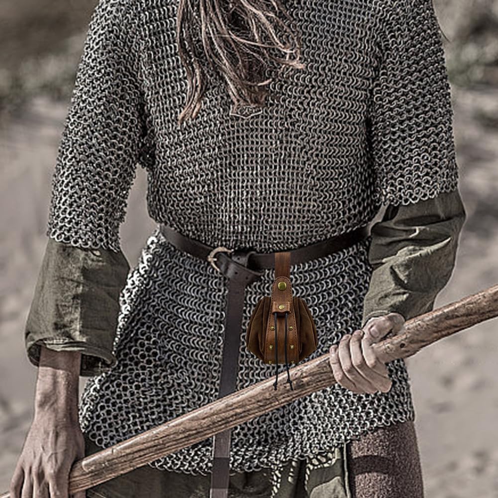 Vintage Medieval PU Leather Drawstring Pouch Middle Ages Portable Coin Purse Renaissance Viking Storage Rivet Belt Pack Bag for Men Women Costume LARP Ren Faire(Coconut Brown) - Image 4