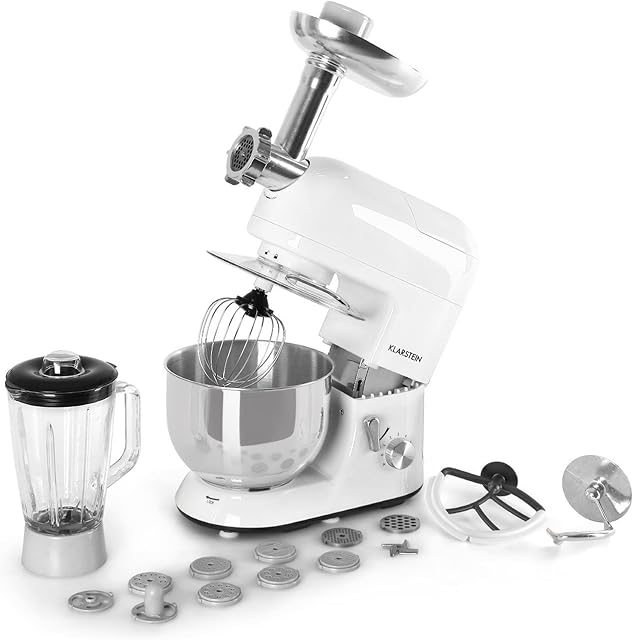 Klarstein Lucia Bianca Food Processor - Stand Mixer, Blender, 1200W, 5 litres, Meat Mincing & Mixing Glass Attachment, 6-Stage Speed, Die-Cast Mixing Hook, Easy to Clean, White