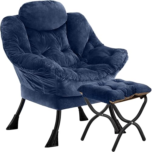 Congermom Lazy Chair with Folding Ottoman,Leisure Sofa Chair,Soft Fabric Armchair with Armrests and Side Pockets, Reading Chair with Footrest for Living Room, Bedroom, Office (Plush Navy)
