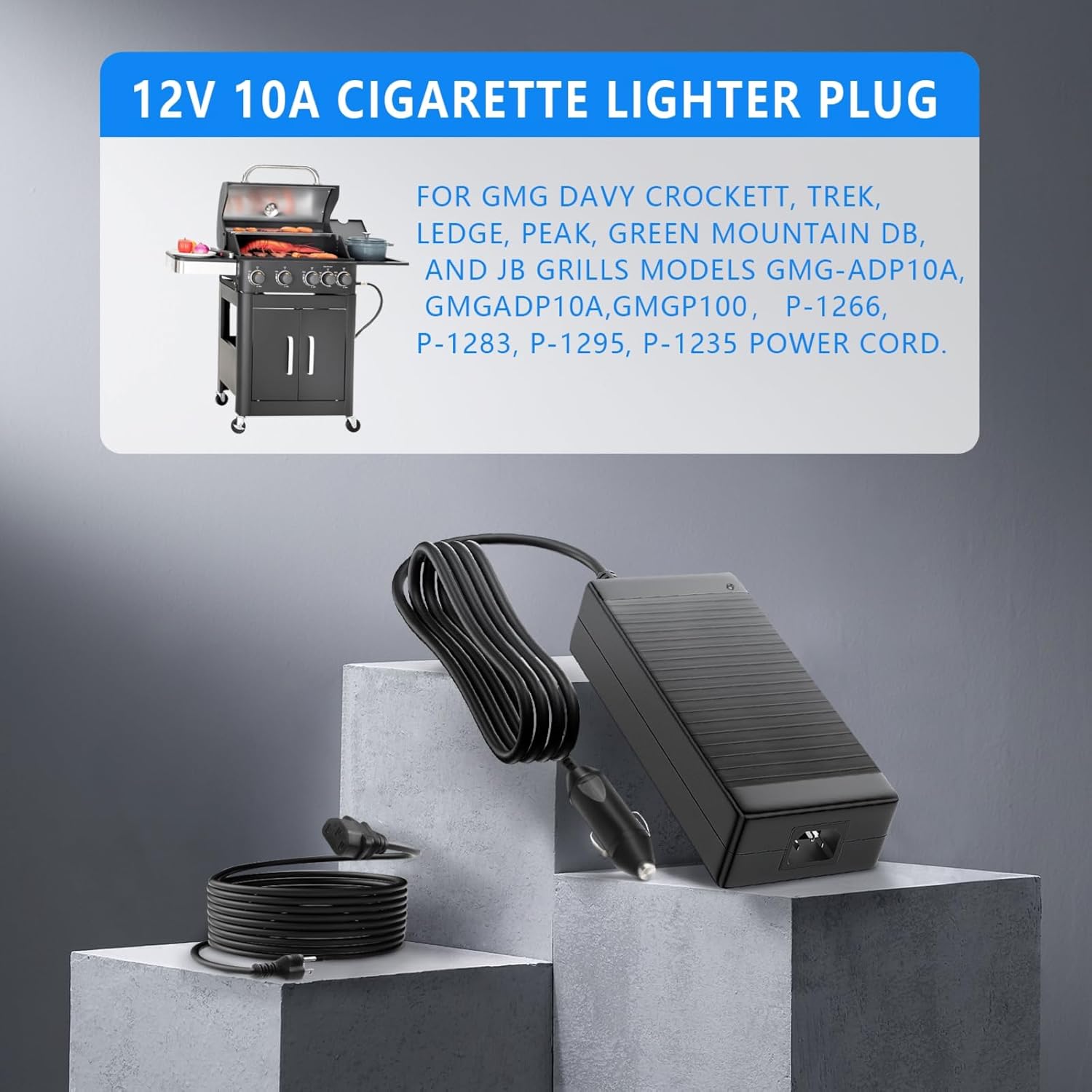 BBQ Cigarette Lighter Plug 12V 120W 10A Power Supply Converter Adapter Plug 10.8FT Extra Long Power Cord for GMG Green Mountain DB/JB Grills Davy Crockett P-1001 GMG-ADP10A Power Adapter