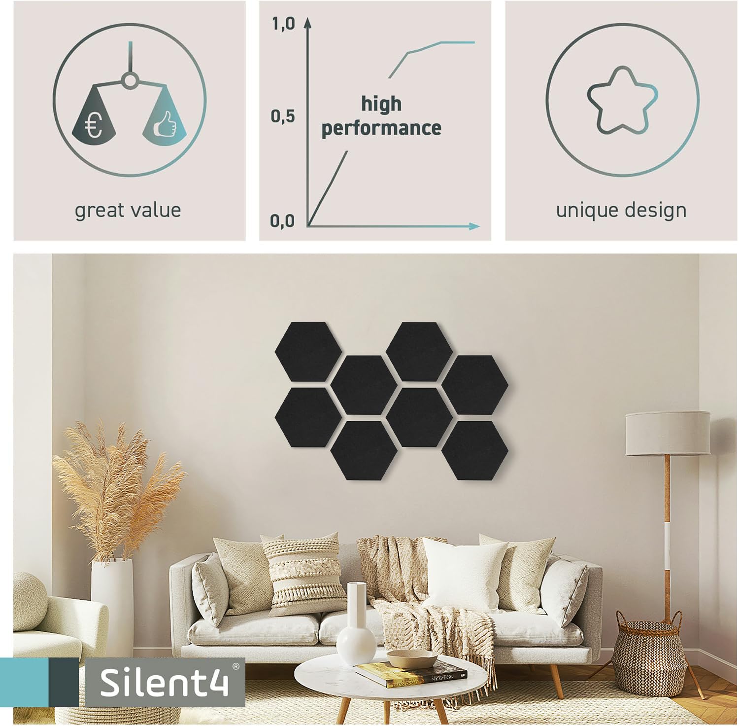SILENT4® Set di pareti fonoassorbenti HEXAGON, 8 elementi in vello acustico, montaggio adesivo, immagine acustica, miglior suono attraverso i pannelli acustici per l'ufficio, l'home office e il gaming