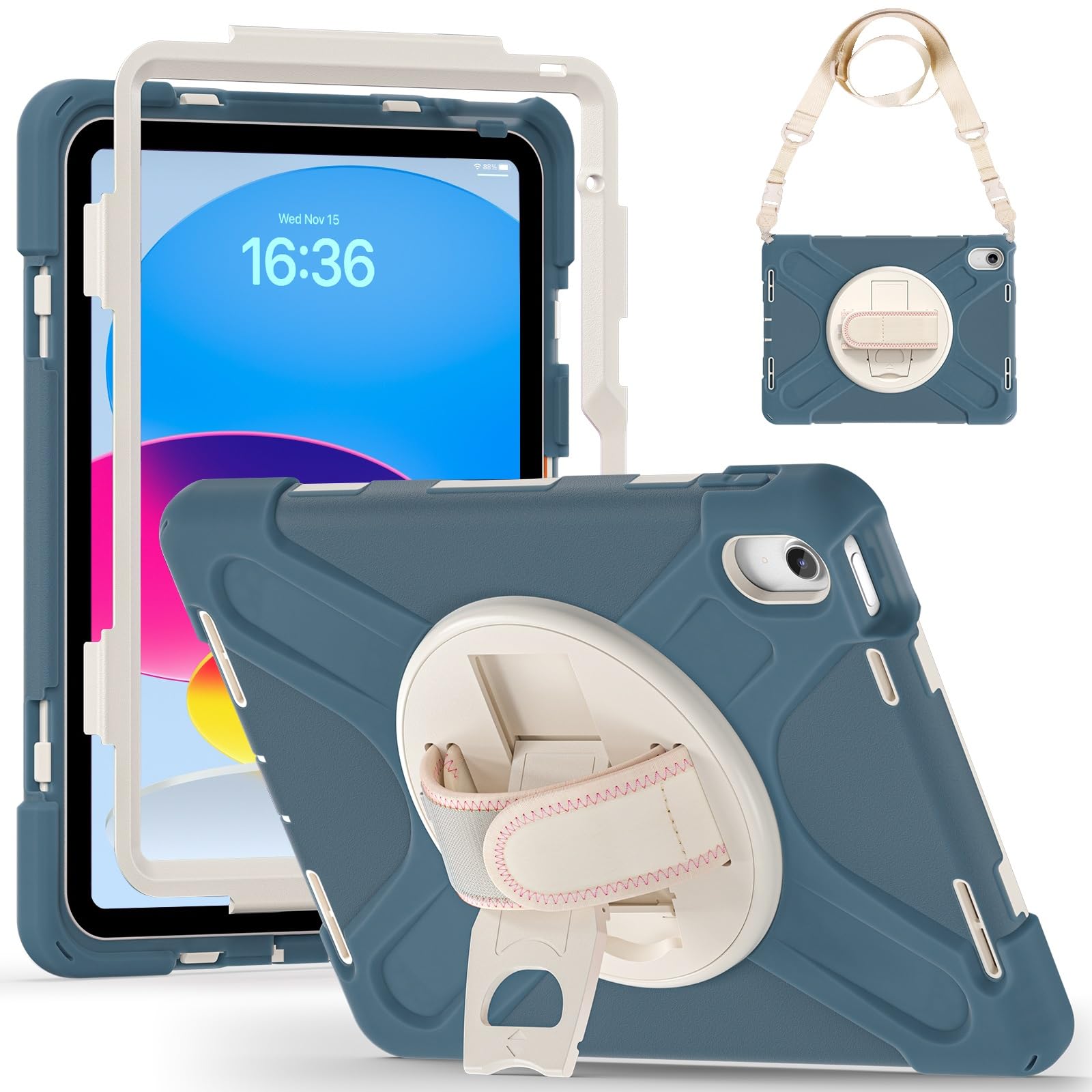 Pokrowiec na tablet Kompatybilny z etui iPad 10. generacji 10,9 cala 2022, wytrzymałe, odporne na wstrząsy etui ochronne z paskiem na ramię, etui ochronne silikonowe dla dzieci(Blue 1)