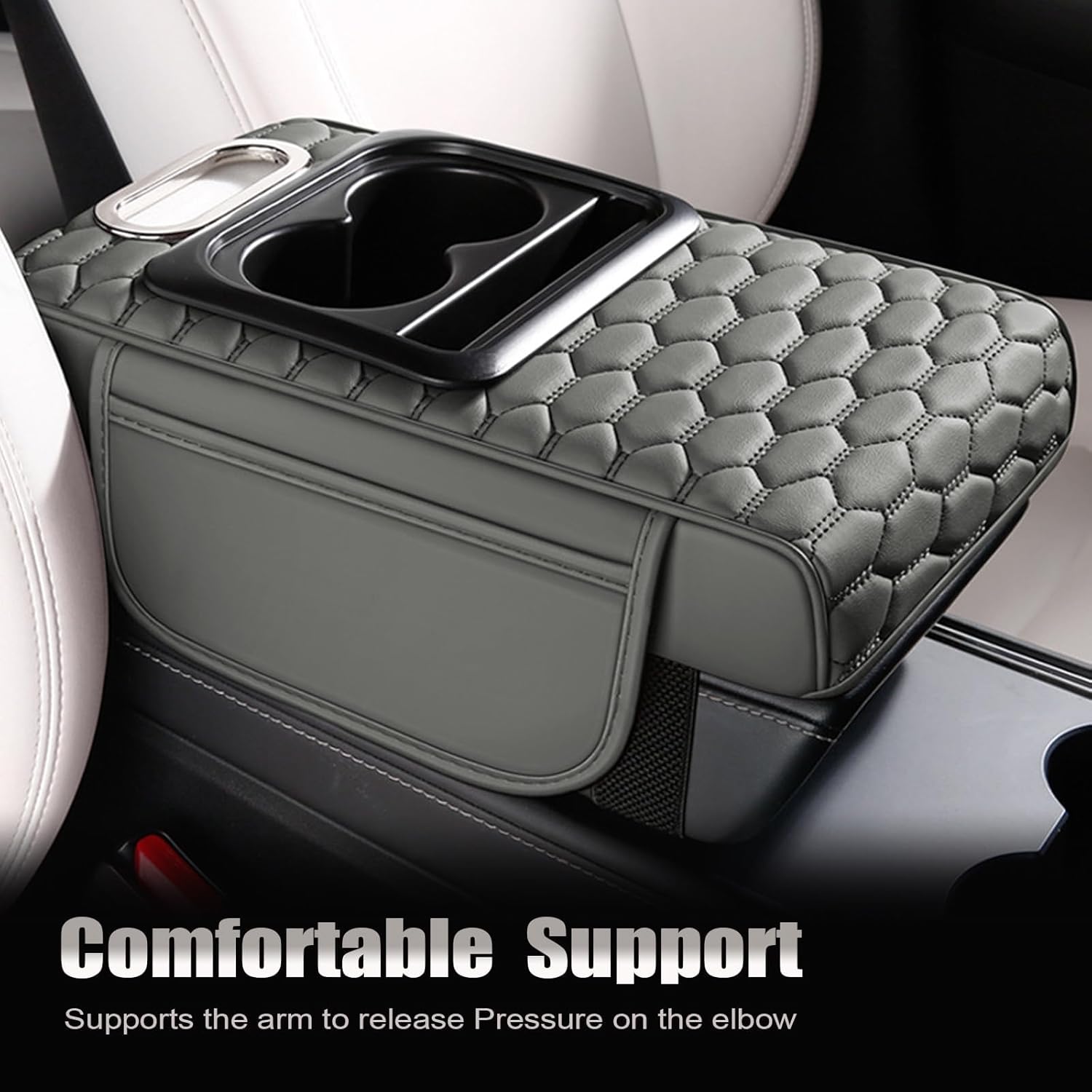 Priprilod Gray Car Center Console Armrest Pillow, Memory Foam with Cup Holder and Cell Phone Holder, Multifunctional Car Center Console Organizer, Universal Fit for Most Car Interior Accessories