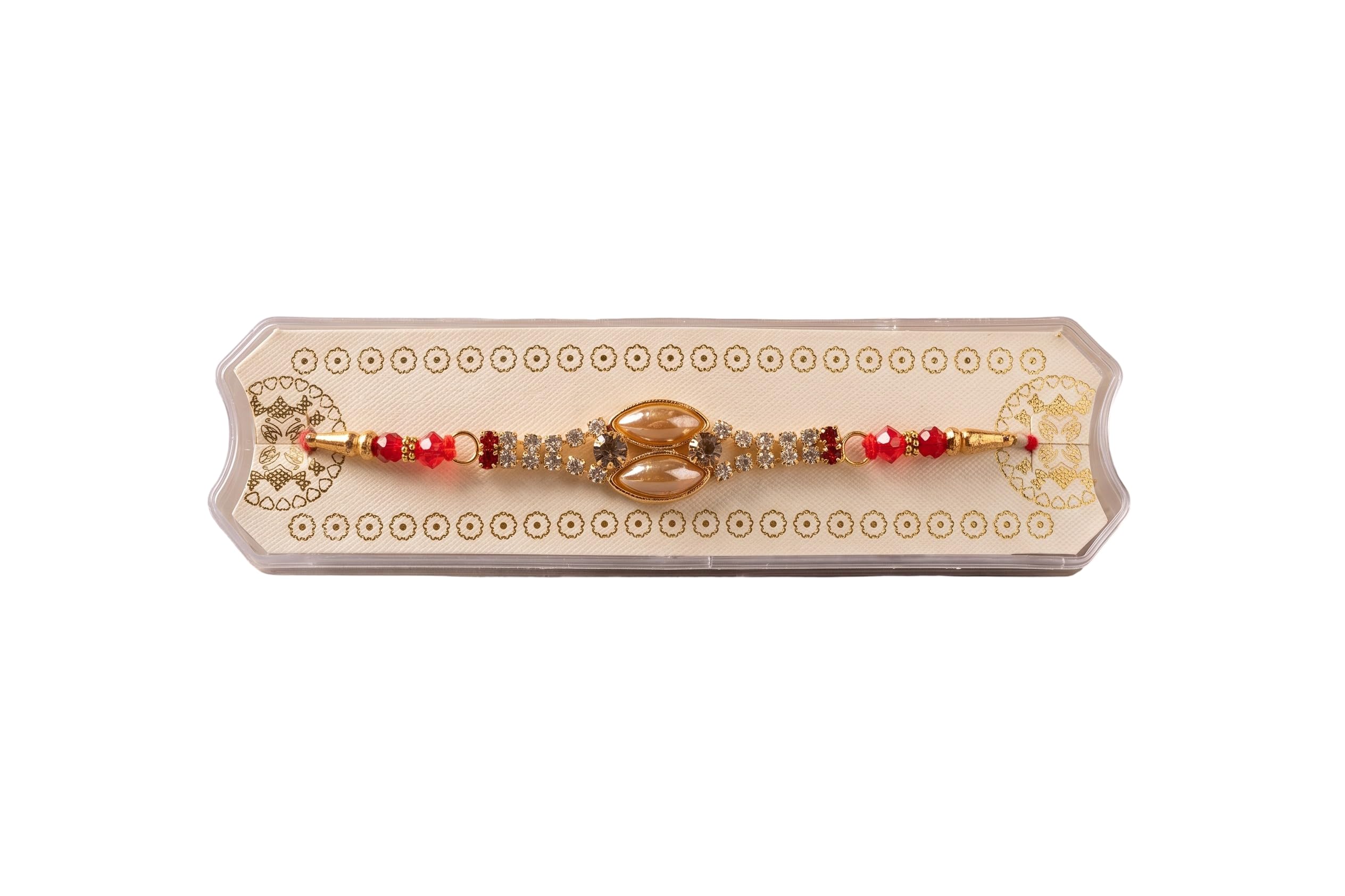 Elegant Twin Navette Pearl Rakhi with Faceted Ruby-Red Beads-image-5