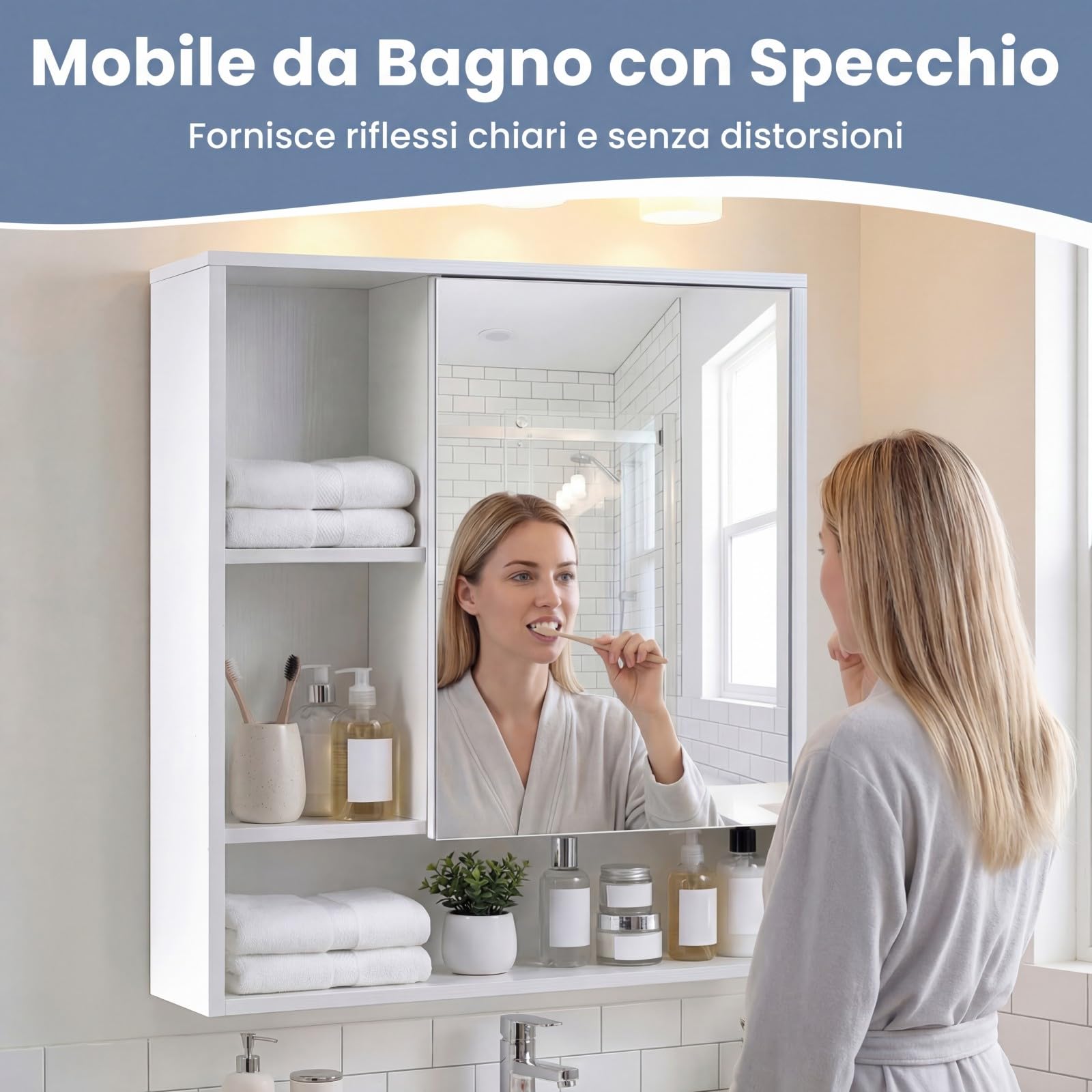 COSTWAY Mobile Bagno con Specchio, Specchio Bagno Contenitore con Porta Singola e 3 Ripiani Aperti, Mobiletto Salvaspazio in Legno per Lavanderia e Ingresso, 56 x 16 x 61 cm (Bianco)