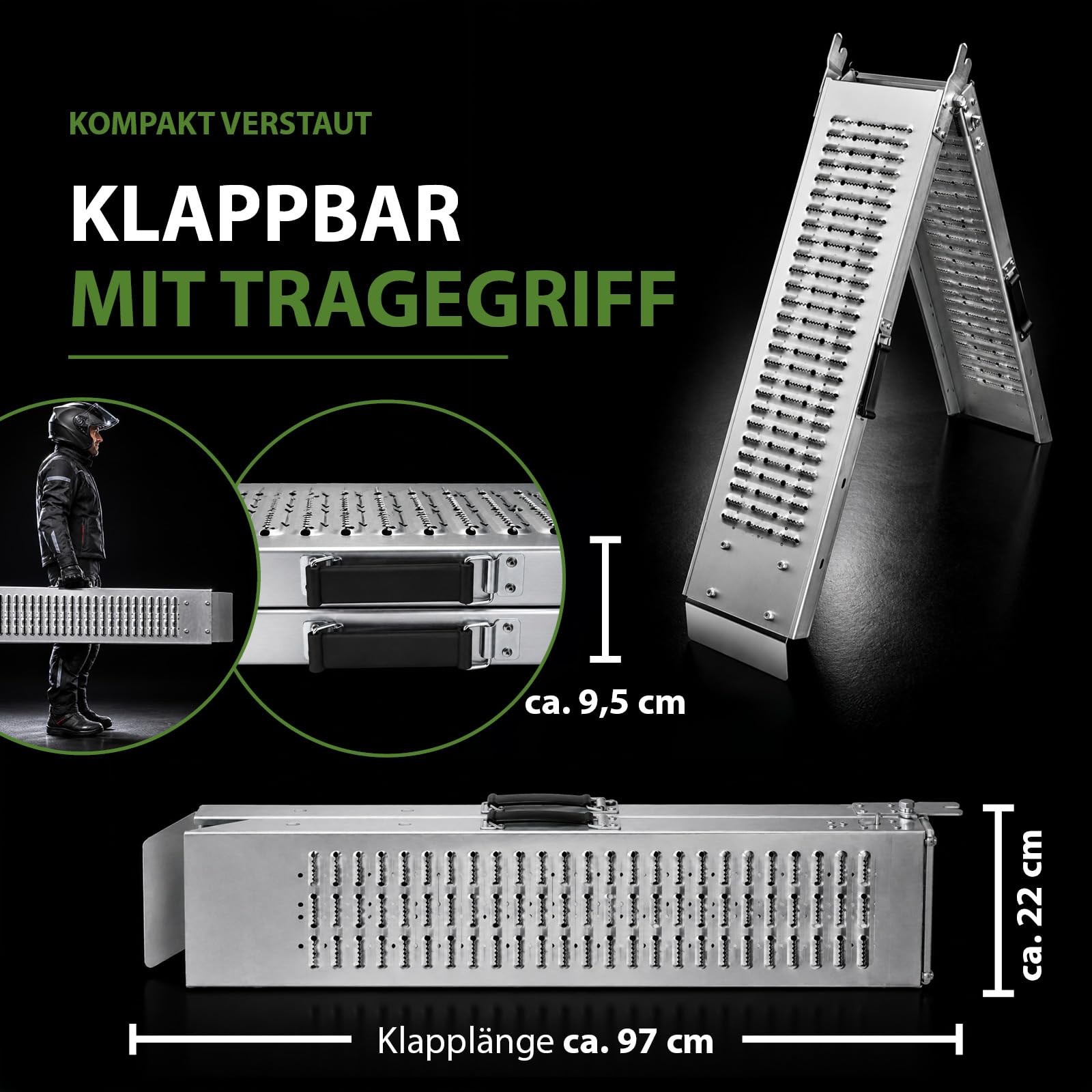 TRUTZHOLM 1x Auffahrrampe Stahl 189 cm Traglast 200 kg klappbar Anti-Rutsch Lochprofil Motorradrampe mit Tragegriffen Verladerampe für Motorrad Fahrrad E-Bike Auffahrschiene für Anhänger Fahrradrampe