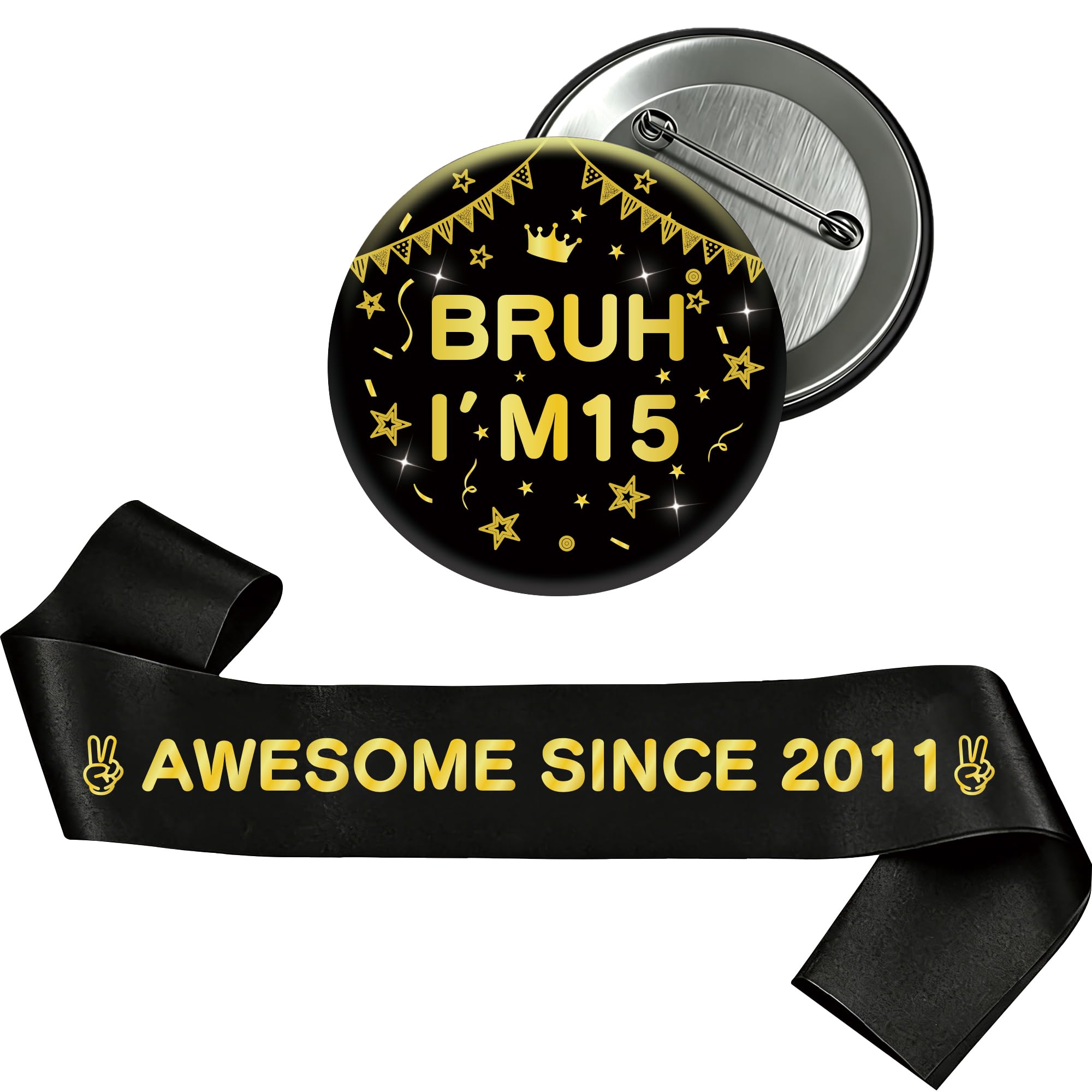 Yiiyyuuko 15th Birthday Decorations Badge Sash - Black Gold Vintage Awesome Since 2011 Sash and Badge Accessory Gift for Boys Girls 15 Year Old Retro Theme Happy Birthday Party Supplies