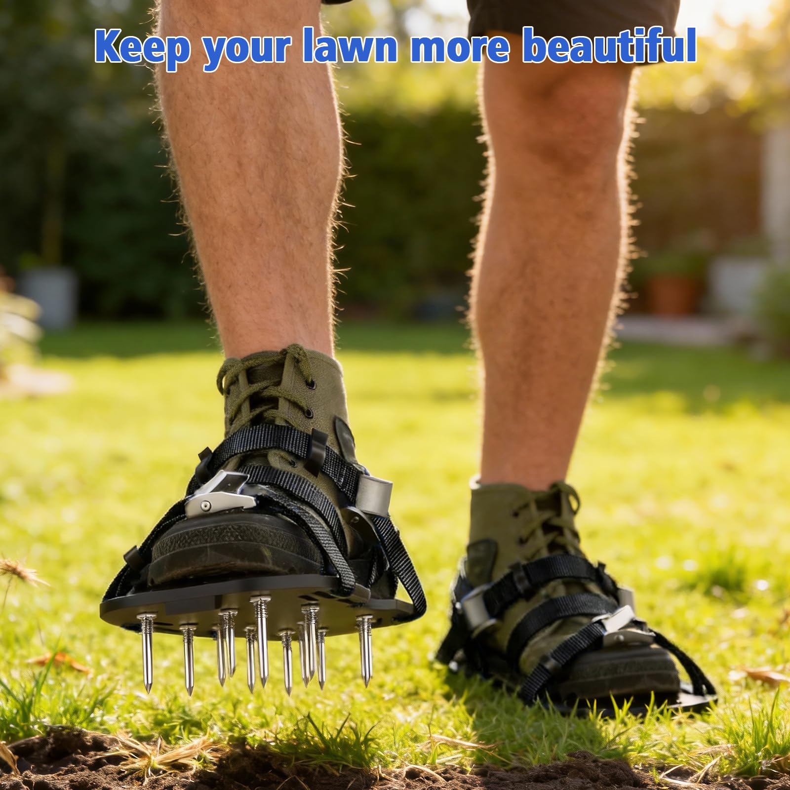 Lawn Aerator Shoes Upgraded Heavy Duty Metal Buckle Soil Spike Aerating Shoe Adjustable Straps Universal Size Scarifier Mud Shovel Lawns Tool for Yard Patio Garden, Nail 2.24"/5.7cm (Black) — view 2