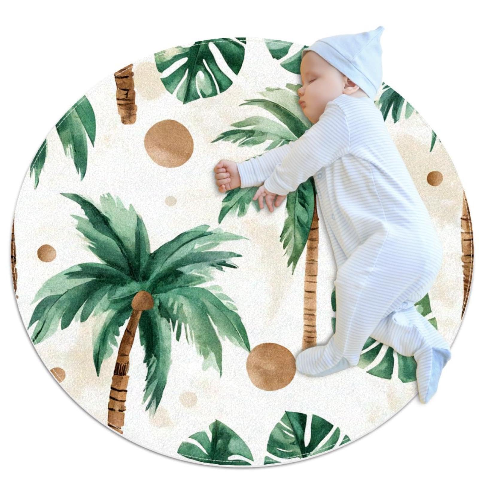 Tapis de salle de bain rond 1m motif aquarelle palmiers et feuilles exotiques