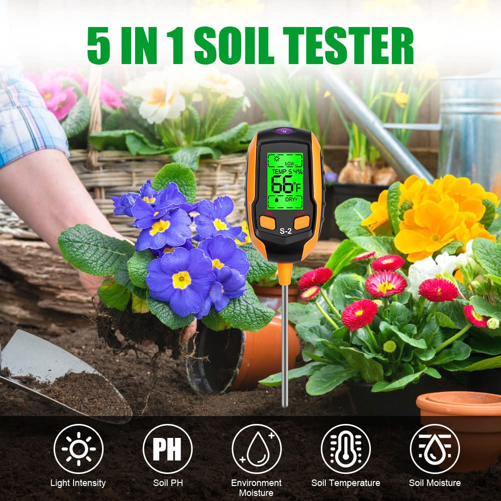 flintronic Tester gleby 5 w 1 pH-metr, cyfrowy tester z termometrem do roślin mierzący oświetlenie, temperaturę, PH, wilgotność gleby i wilgotność otoczenia, do ogrodu i trawnika