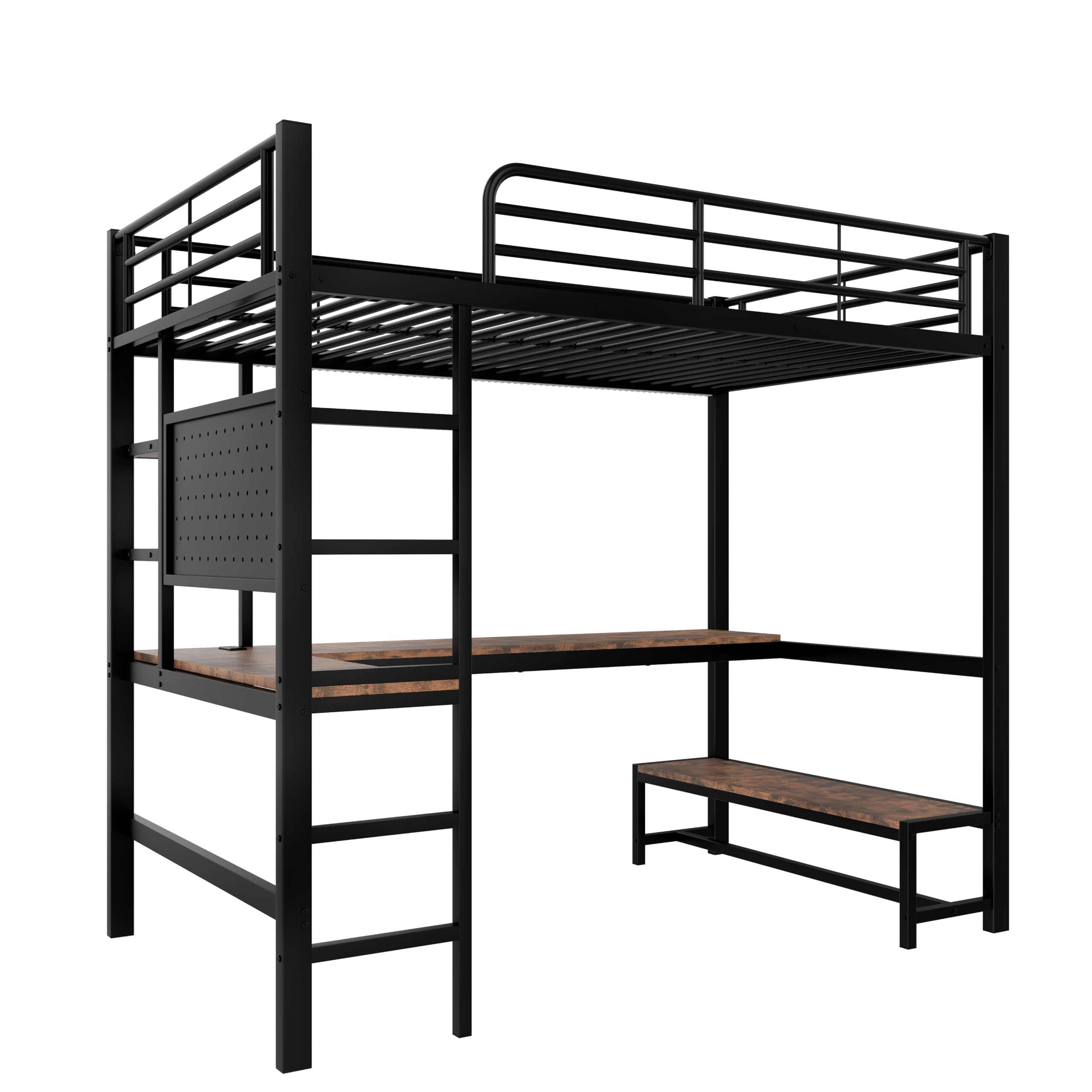 Moimhear Cama alta, marco de hierro, escritorio, barandilla, escalera de tijera, varios estantes, con USB+Type-c, con barra LED, con tabla perforada, sin colchón (negro, 90 x 200 cm)