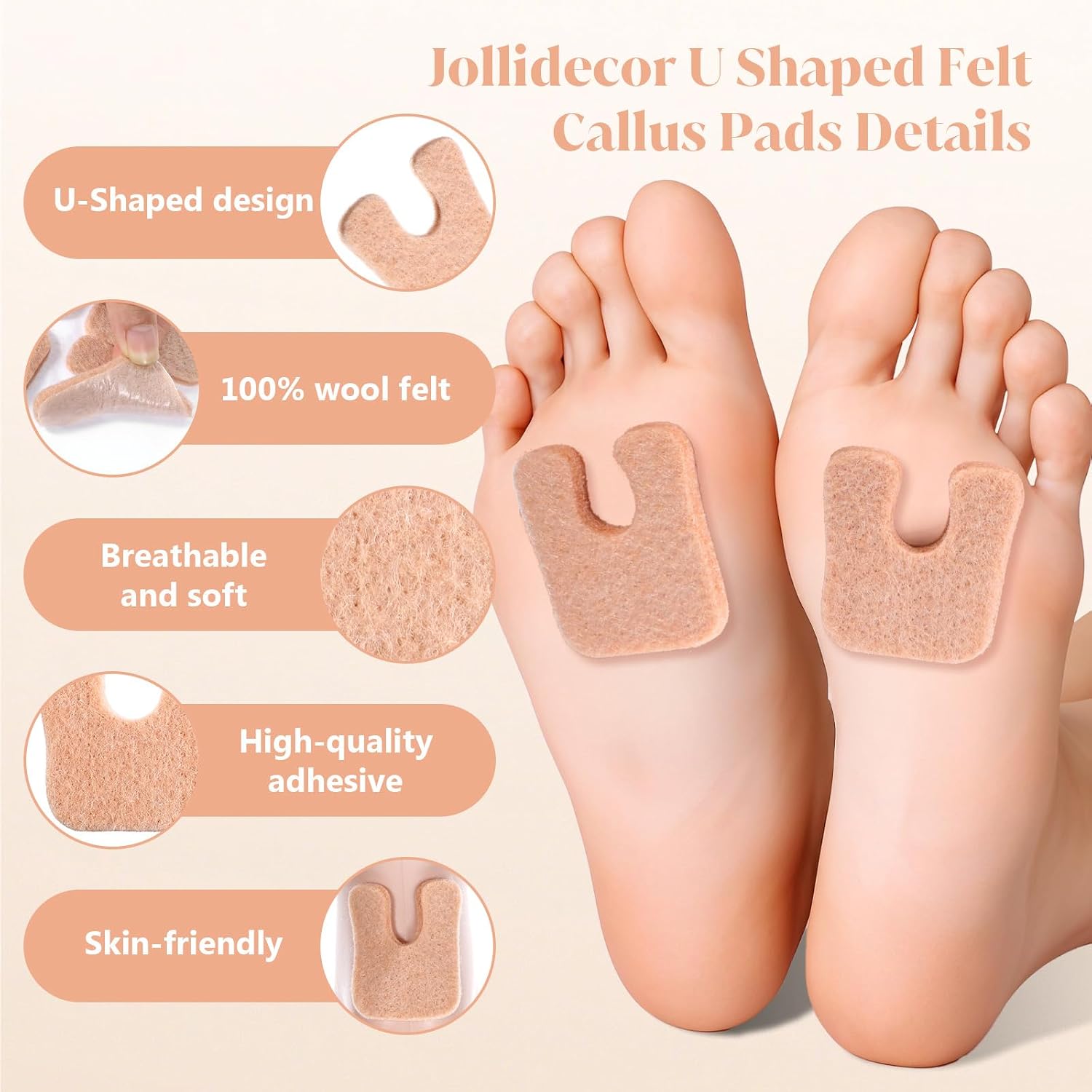 96Pcs Callus Pads for Feet, Soft Felt Callus Cushions Bottom, Horseshoe Pads for Heel, U Shape Metatarsal Pad Pain Relief, Adhesive Corn Pad Keeps Protecting Calluses for Women Men