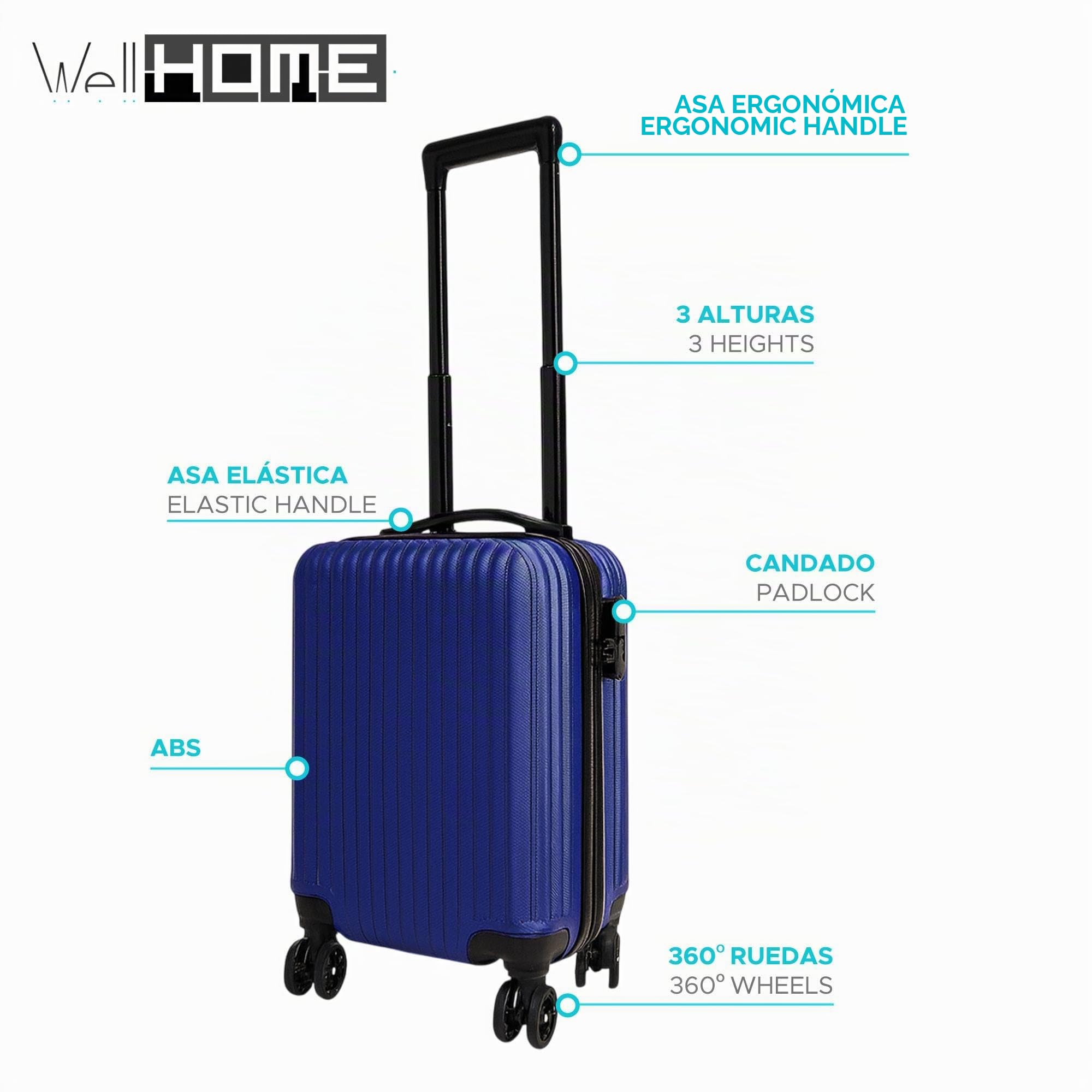 WELL HOME MOBILIARIO & DECORACIÓN Maleta de Cabina Azul 16'' 45x30x21,5cm en ABS Resistente con 4 Ruedas giratorias