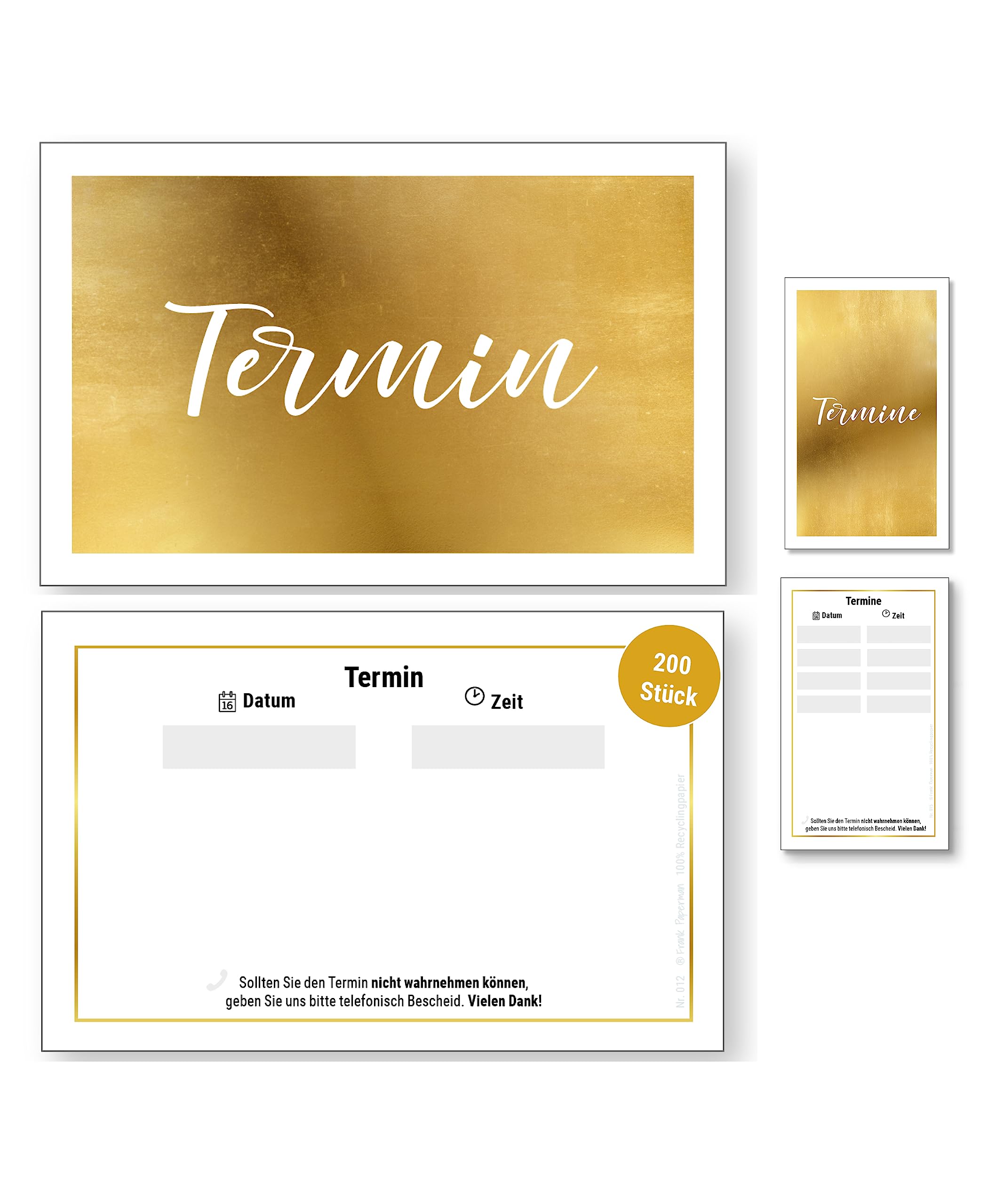 200x Terminzettel gold | mit hochwertiger Goldfolienprägung | 1 Termin auf einem Terminzettel praxis | Visitenkartenformat | Querformat