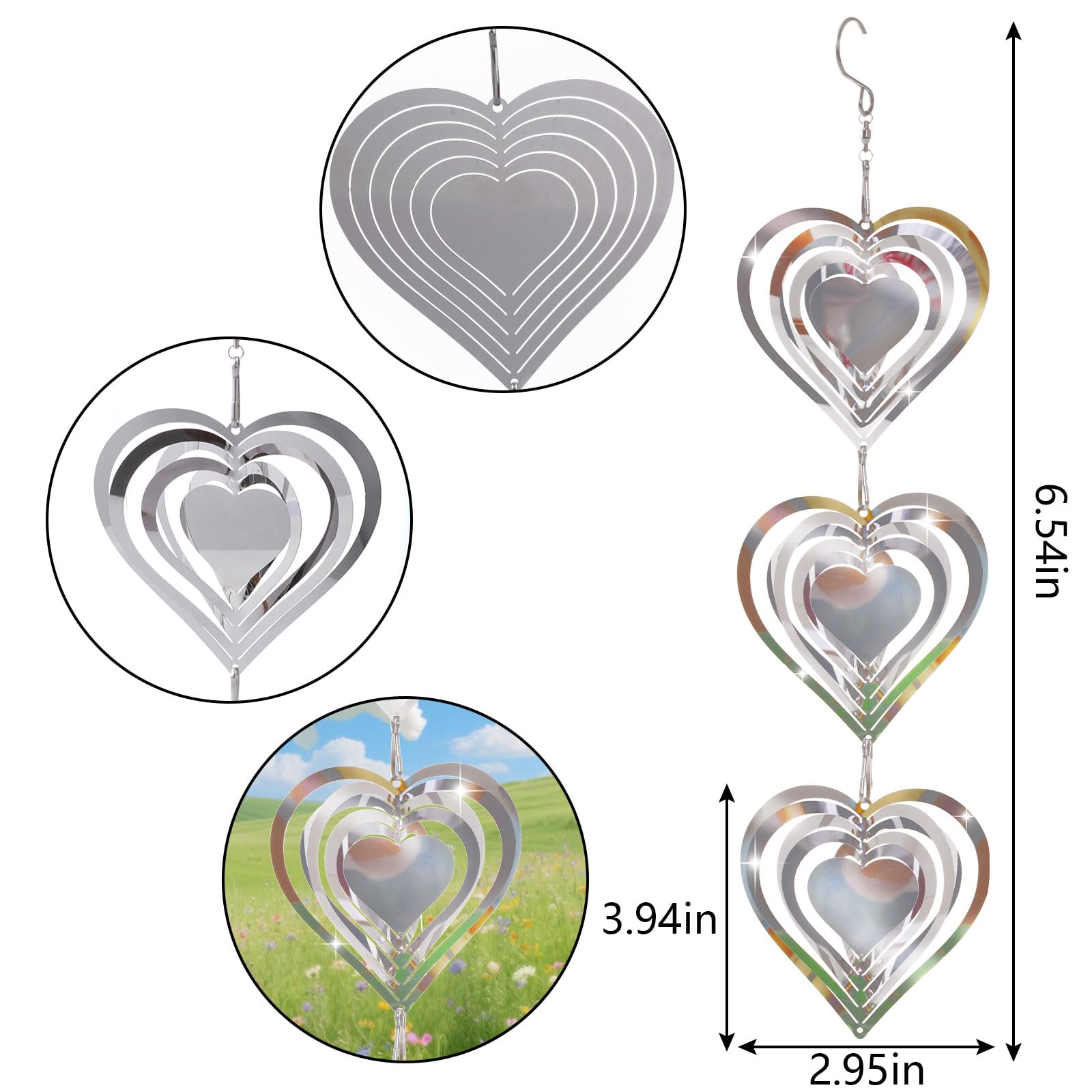 Metal Heart Bird Scare Discs Reflective Wind Spinners Shinny Double-Sided Bird Reflectors Outdoor Reflective Bird Devices Deterrents to Scare Birds Away from Porch Garden Yard Patio Farm