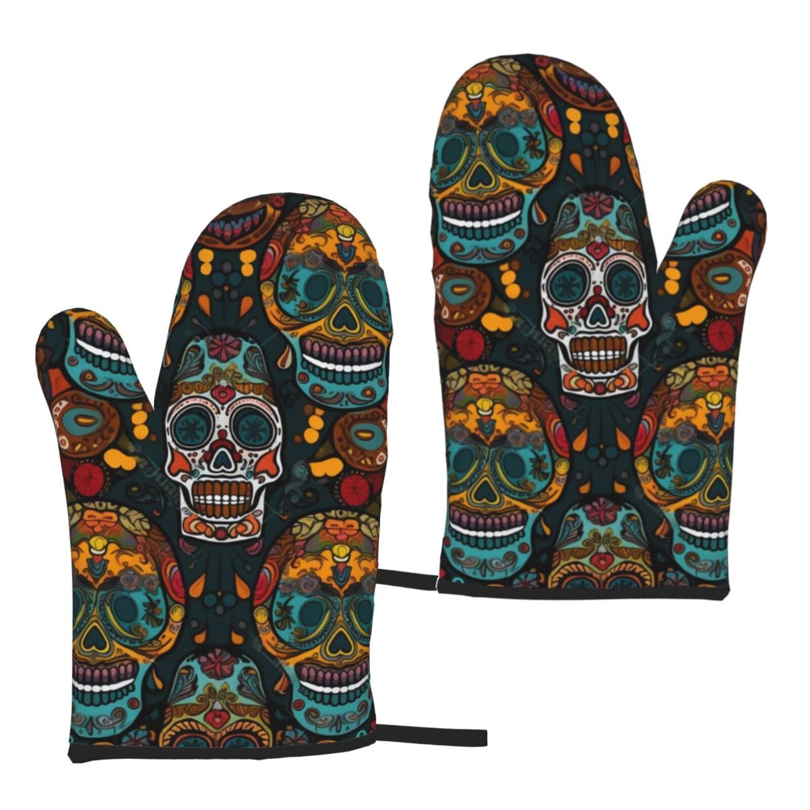 Colorful Sugar Skulls Printed Oven Mitts 2-Piece Set - Heat Resistant Oven Gloves for Kitchen & Outdoor Cooking Baking
