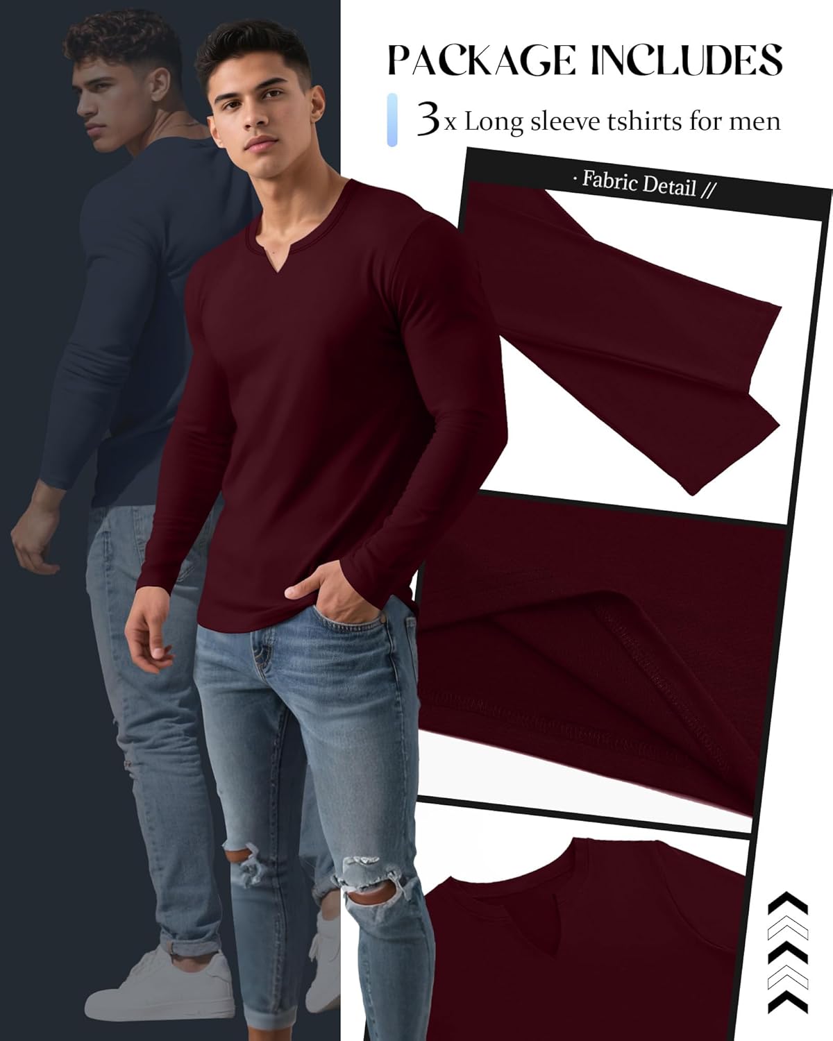 Riyiper 3 Pack Men's Long Sleeve T Shirts, V Neck Longline Henley Cotton Shirts Casual Muscle Tee Stretch Athletic Tops - Image 5