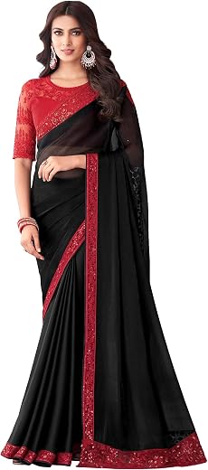 AKHILAM Women's And Girls Embroidery Lace &amp; Sequence Embroidery Chiffon Saree With Unstitched Blouse Piece