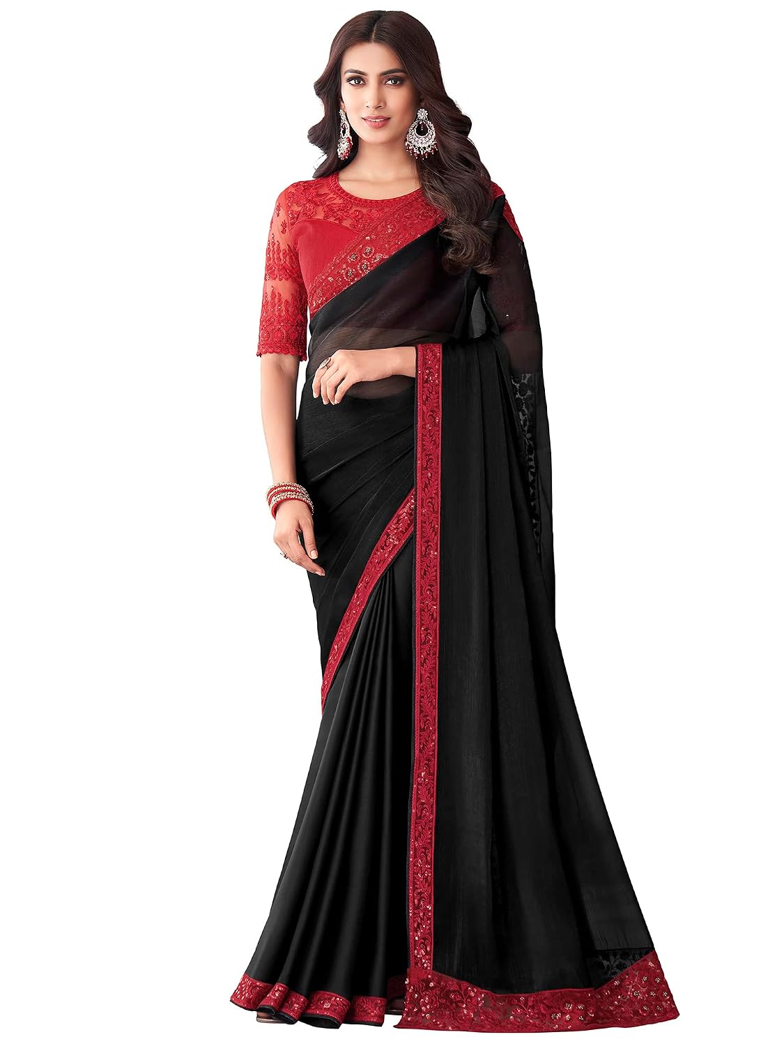 AKHILAM Women's And Girls Embroidery Lace & Sequence Embroidery Chiffon Saree With Unstitched Blouse Piece