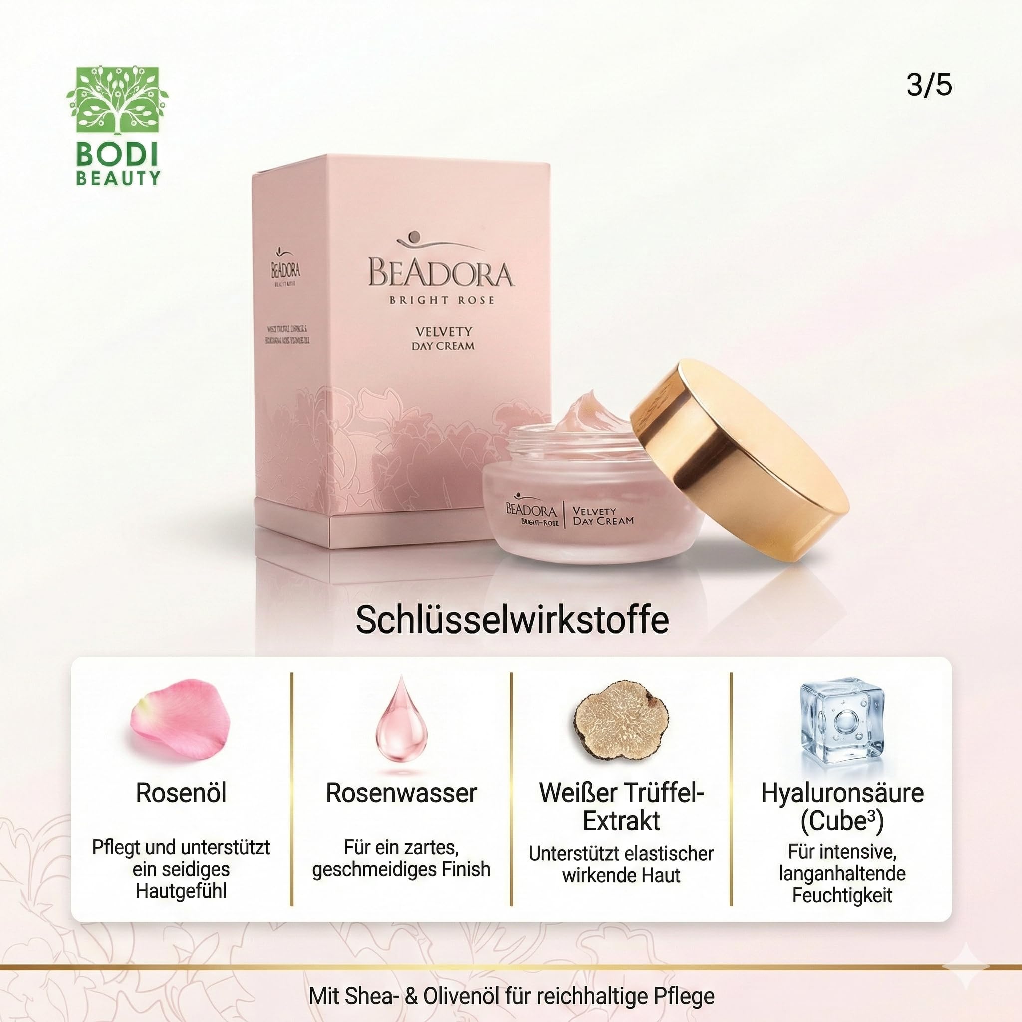 BeAdora Rose Tagescreme 50 ml mit Rosenöl & Hyaluronsäure | Samtige Tagespflege mit Rosenöl, weißem Trüffel & Hyaluron für langanhaltende Feuchtigkeit den ganzen Tag