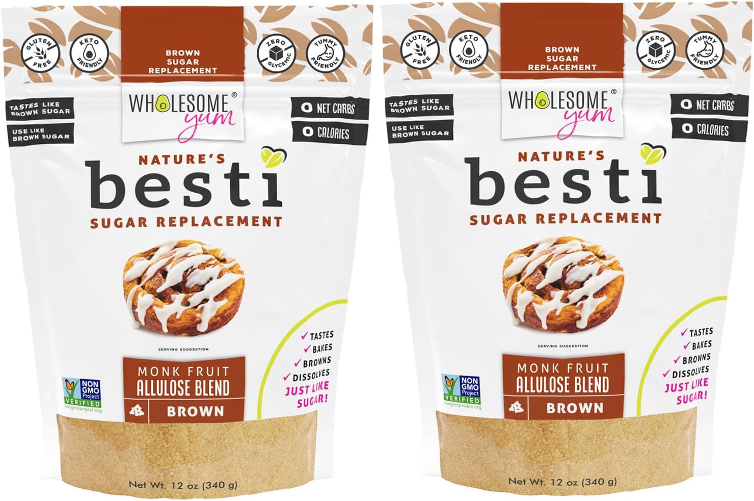 Wholesome Yum Besti Natural Brown Sugar Substitute - Keto Brown Monk Fruit Sweetener Blend With Allulose (No Erythritol) - Non GMO, Zero Carb, Zero Calorie, Sugar Free, No Aftertaste (12 oz, 2 Pack)