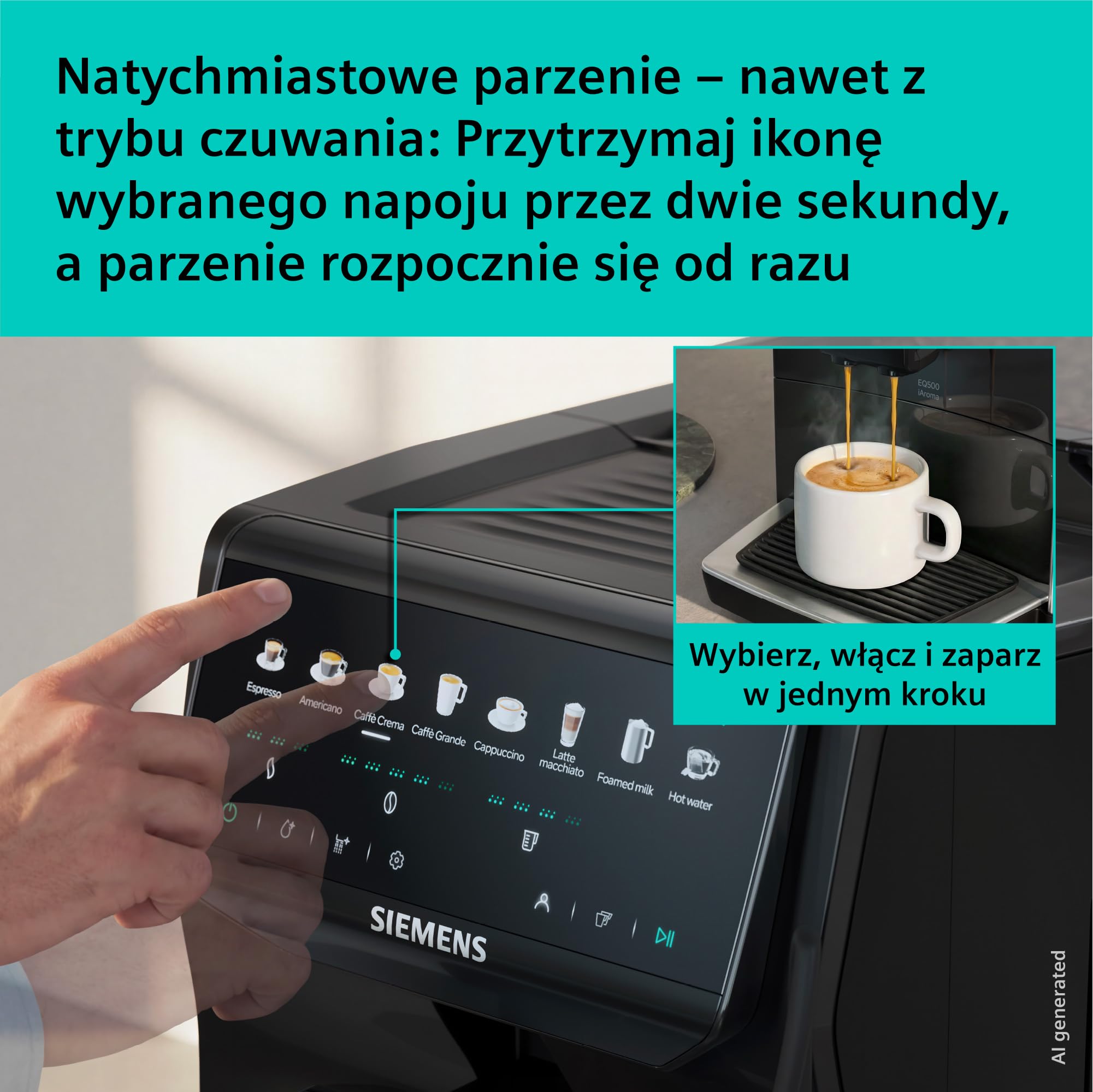 Siemens EQ500 iAroma, w pełni automatyczny ekspres do kawy ze zintegrowanym młynkiem, dotykowe sterowanie dla 8 napojów i szybka personalizacja, łatwe czyszczenie, czarny, TP553E19