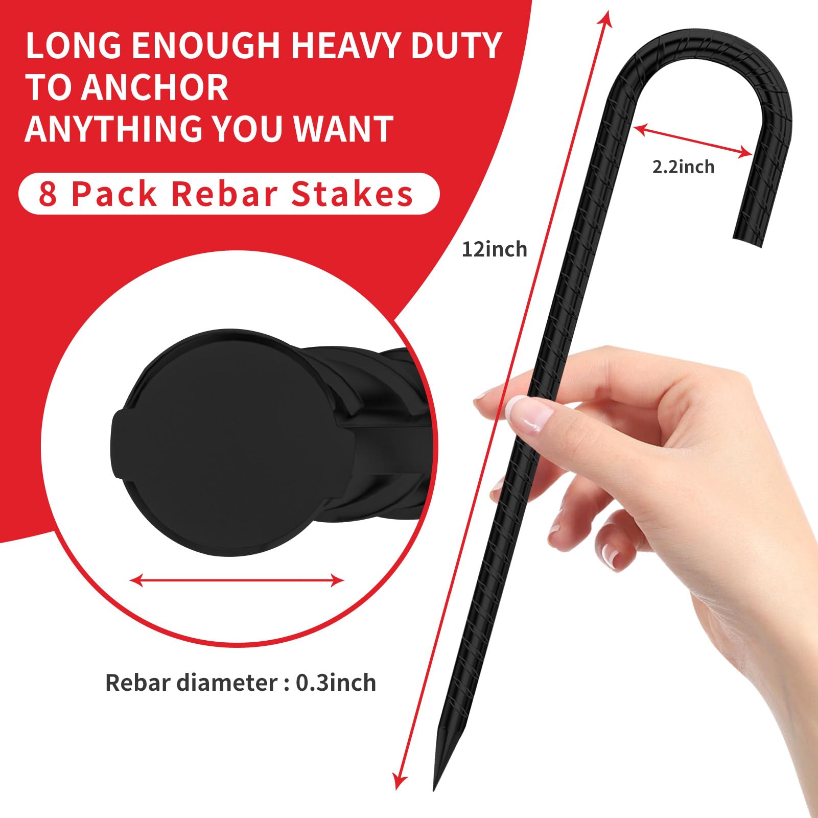 Black Metal Stakes, 8 Set J Hook Extra Heavy Duty Rebar Stake,?12 inch Long Enough? Rust Proof Coated Steel Ground Stakes Ground Anchors, Garden Stake Metal Stakes Tent Stakes Trampoline Anchors