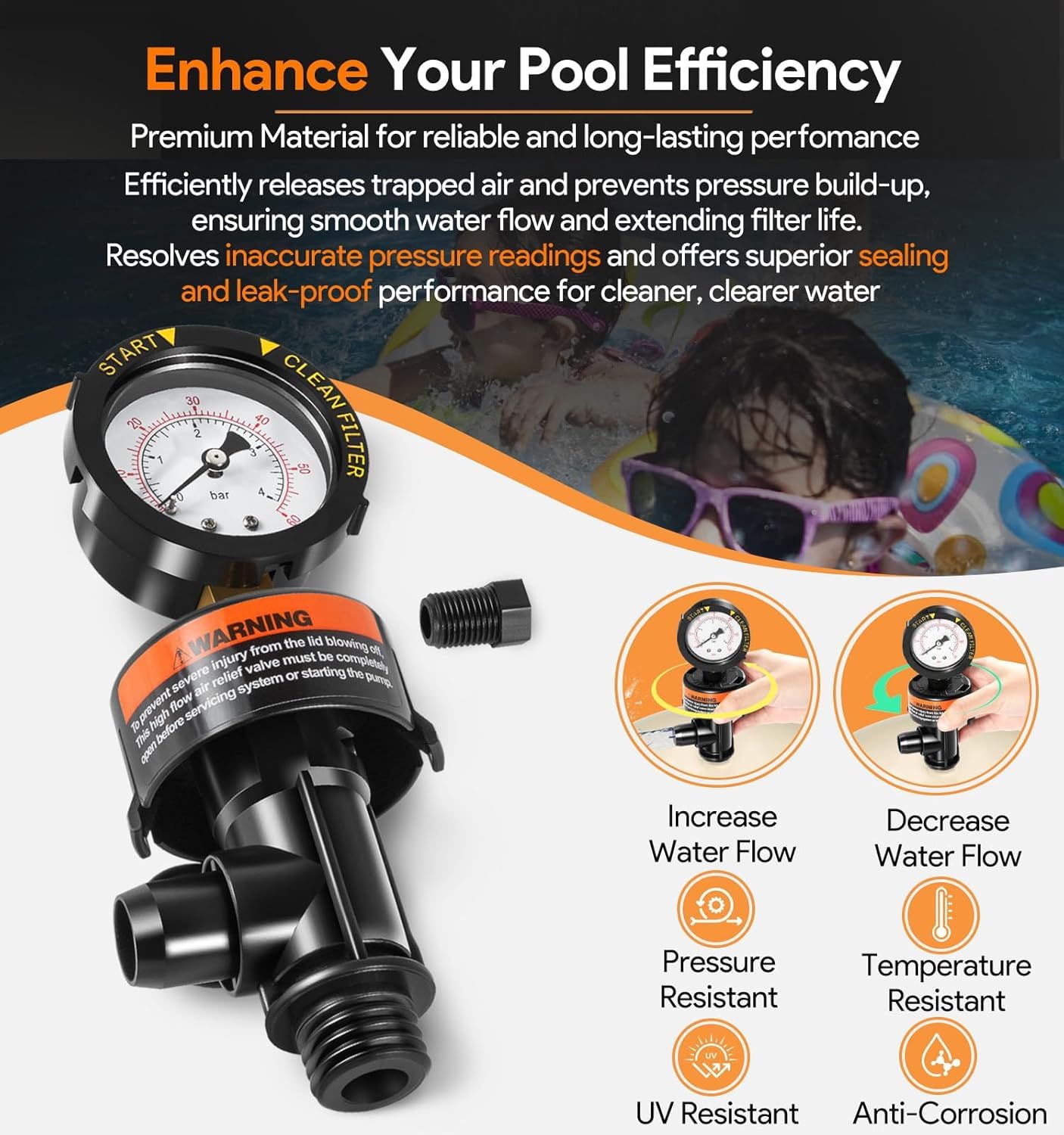 Vanne de vidange d'air avec manomètre pour filtre de piscine - Remplacement compatible avec 98209800 & 190058 - Convient pour Clean & Clear, Warrior, FNS, Predator - Soupape de décharge de pression